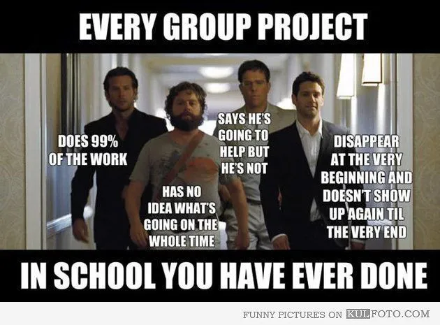 This meme humorously describes common roles that students often fall into when working on group projects in school. It shows a group of men walking side by side, each labeled with a different role:

1. The first person is labeled "Does 99% of the work," suggesting that this student ends up doing almost all the work for the group project.
2. The second person is labeled "Says he's going to help but he's not," indicating that this student promises to contribute but doesn't actually follow through.
3. The third person is labeled "Has no idea what's going on the whole time," implying that this student is clueless and doesn't understand the project or their role in it.
4. The last person is labeled "Disappear at the very beginning and doesn't show up again til the very end," suggesting that this student avoids participating during the project and only reappears when it's time to present the work or take credit.

The text at the top, "Every group project in school you have ever done," implies that these roles are a universal experience for students working in groups, with each student type being a stereotype of common behavior. The overall joke is that group projects are rarely divided evenly and often involve a mix of contribution levels and engagement from the different group members.