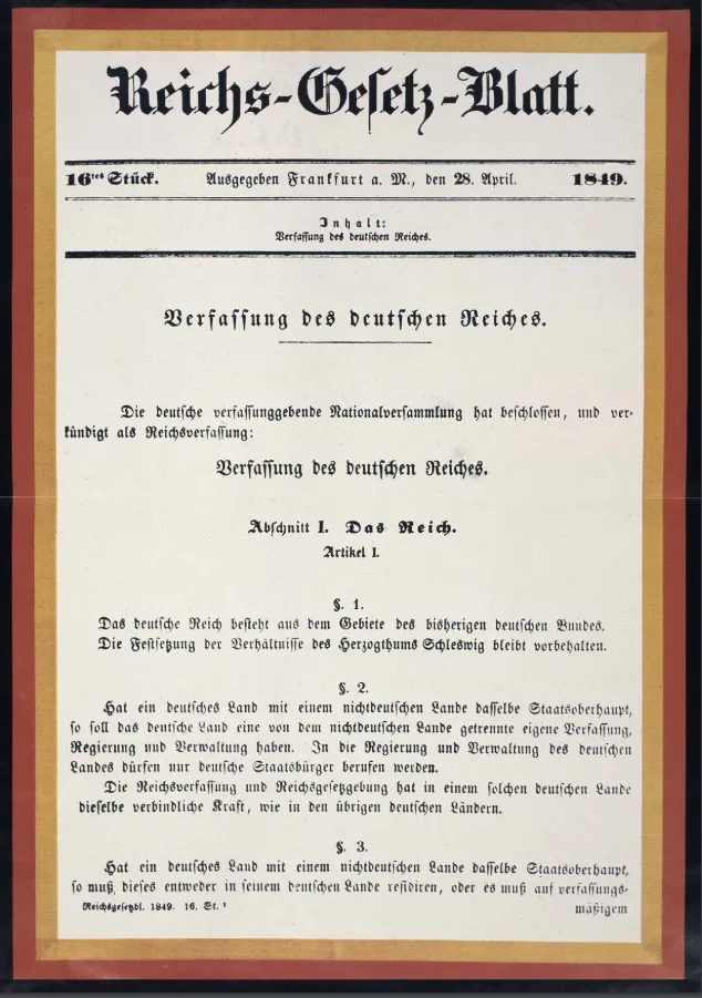 Sure, here is the text from the historical document in Markdown format.

```markdown
# Reichs-Gesetz-Blatt.

---

### 16**ter** Stück. Ausgegeben Frankfurt a. M., den 28. April. 1849.

---

#### Inhalt:
Verfassung des deutschen Reiches.

---

## Verfassung des deutschen Reiches.

---

Die deutsche verfassunggebende Nationalversammlung hat beschlossen, und verkündet als Reichsverfassung:

---

### Verfassung des deutschen Reiches.

---

#### Abschnitt I. Das Reich.

**Artikel 1**

**S. 1.**

Das deutsche Reich besteht aus dem Gebiete des bisherigen deutschen Bundes.
Die Festsetzung der Verhältnisse des Herzogthums Schleswig bleibt vorbehalten.

**S. 2.**

Hat ein deutsches Land mit einem nichtdeutschen Lande dasselbe Staatsoberhaupt,
so soll das deutsche Land eine von dem nichtdeutschen Lande getrennte eigene Verfassung,
Regierung und Verwaltung haben. In der Regierung und Verwaltung des deutschen
Landes dürfen nur deutsche Staatsbürger berufen werden.
Die Reichsverfassung und Reichsgesetzgebung hat in einem solchen deutschen Lande
dieselbe verbindliche Kraft, wie in den übrigen deutschen Ländern.

**S. 3.**

Hat ein deutsches Land mit einem nichtdeutschen Lande dasselbe Staatsoberhaupt,
so muß, dieses entweder in einem deutschen Lande residiren, oder es muß auf verfassungs-
mäßigen Reichsgesetz. 1849. 16. St. 1.
```

Please note that this is only a partial transcript of the document as the image does not show the entire text. Additionally, the formatting has been adapted to markdown, which may not perfectly represent the different font sizes and styles found in the actual document.