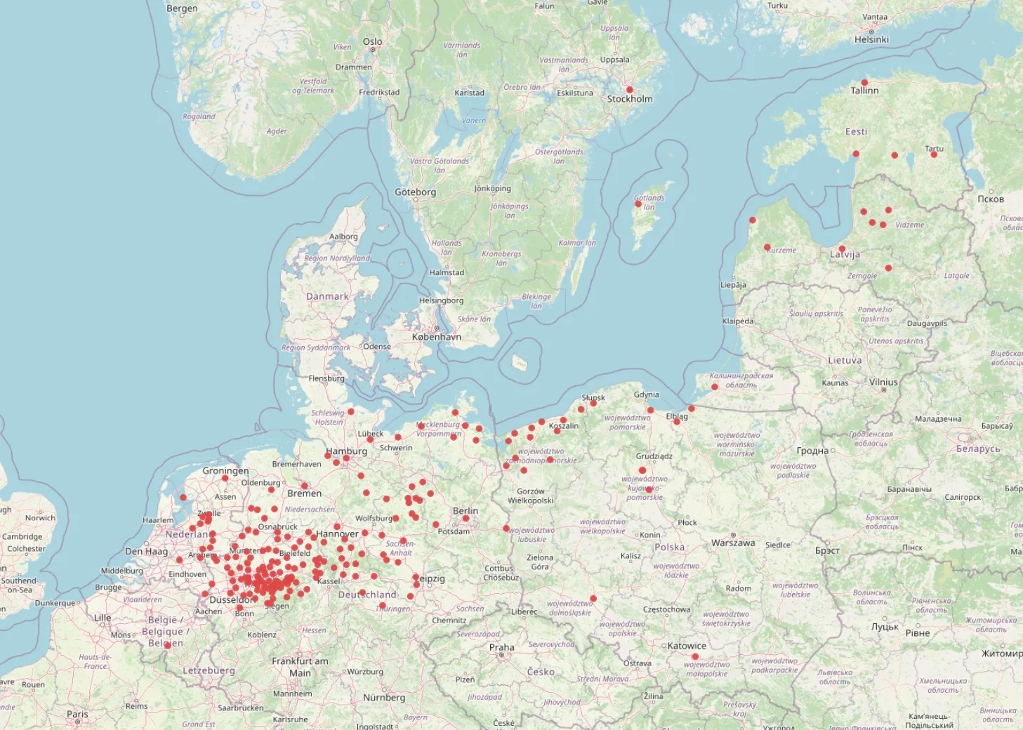 This appears to be a regional map of parts of Europe showing various locations marked with red dots. The map includes areas in countries like Germany, Denmark, Poland, Latvia, and others in Northern and Central Europe. The concentration of red dots is particularly high in northwestern Germany, around regions like Düsseldorf, Hamburg, and Bremen.

