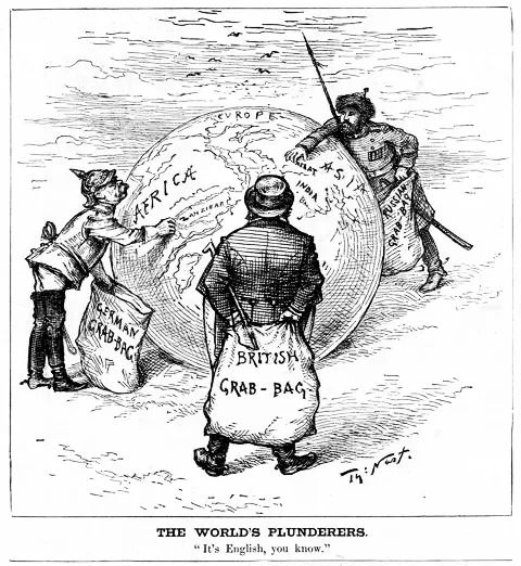 ### Visual Analysis:

**Characters/Objects:**
- **Characters:** Three men each representing different nationalities: British, German, and Russian, identifiable by their attire and inscriptions on their bags.
- **Objects:** A large globe displaying continents and regions. Each man holds a large sack labeled with their nationality and the words “Grab-Bag.”

**Exaggerations/Distortions:**
- **Exaggeration of Features:** The men have exaggerated postures, appearing greedy and intent on claiming as much land as possible. This amplifies their imperialistic intent.
- **Effect:** The exaggeration highlights the aggressive and selfish nature of imperialism.

**Symbols/Metaphors:**
- **Globe:** Represents the world, with continents labeled. It signifies global domination.
- **Grab-Bags:** Symbolize the plundering and exploitation of regions by imperial powers.

**Text/Captions:**
- **Caption:** “THE WORLD’S PLUNDERERS.” followed by “It’s English, you know.” suggests a critical view of British imperialism while also implicating other powers.
- **Effect:** The text reinforces the narrative of exploitation and greed.

**Composition/Arrangement:**
- **Arrangement:** The three figures are positioned around the globe, each trying to claim a part. This arrangement emphasizes the global scale of imperial greed.
- **Effect:** It conveys a sense of competition and shared culpability among the imperial powers.

**Style/Technique:**
- **Drawing Style:** Detailed and realistic with clear lines and cross-hatching.
- **Technique:** Pen and ink, emphasizing the caricature nature by focusing on exaggerated features.

### Interpretation:

**Theme/Point of Criticism:**
- **Issue/Topic:** The critique focuses on imperialism and colonialism.
- **Criticism:** It highlights the greed and exploitation associated with colonial powers dividing the world for their gain.

**Target Audience:**
- Likely intended for a public familiar with current events and politics, particularly those critical of imperial policies.

**Humor/Irony:**
- **Humor:** Arises from the absurdity of the scene, the notion of powerful nations acting as common thieves.
- **Irony:** The global scene presented as a casual act of greed diminishes the seriousness of imperialism.

**Effect/Impact:**
- Intended to provoke thought and criticism regarding the moral implications of colonialism.
- Encourages viewers to question the justifications and impact of imperial expansion.

**Context:**
- Reflects the late 19th to early 20th-century imperial context, an era marked by intense competition among European powers for colonies, known as the “Scramble for Africa” and other regions.

The caricature provides a critical perspective on the imperialistic policies of major powers and uses humor and exaggeration to question the ethics behind their global domination strategies.