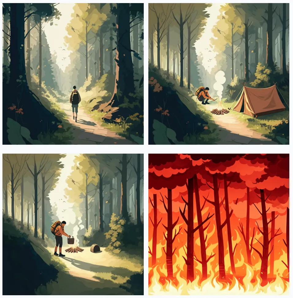 The cartoon illustrates a sequence of events emphasizing the consequences of careless actions in nature:

1. **Panel 1:** A person is walking in a serene forest, highlighting the natural beauty and tranquility of the environment.

2. **Panel 2:** The person sets up a camp with a tent and starts building a campfire, suggesting the intention to enjoy the outdoors.

3. **Panel 3:** The camper is seen pouring a liquid onto the campfire, probably in an attempt to extinguish it.

4. **Panel 4:** The forest is engulfed in flames, resulting in a wildfire, underscoring the disastrous outcome of the character's actions.

The cartoon serves as a cautionary tale about the importance of responsible behavior when interacting with nature, particularly regarding fire safety.