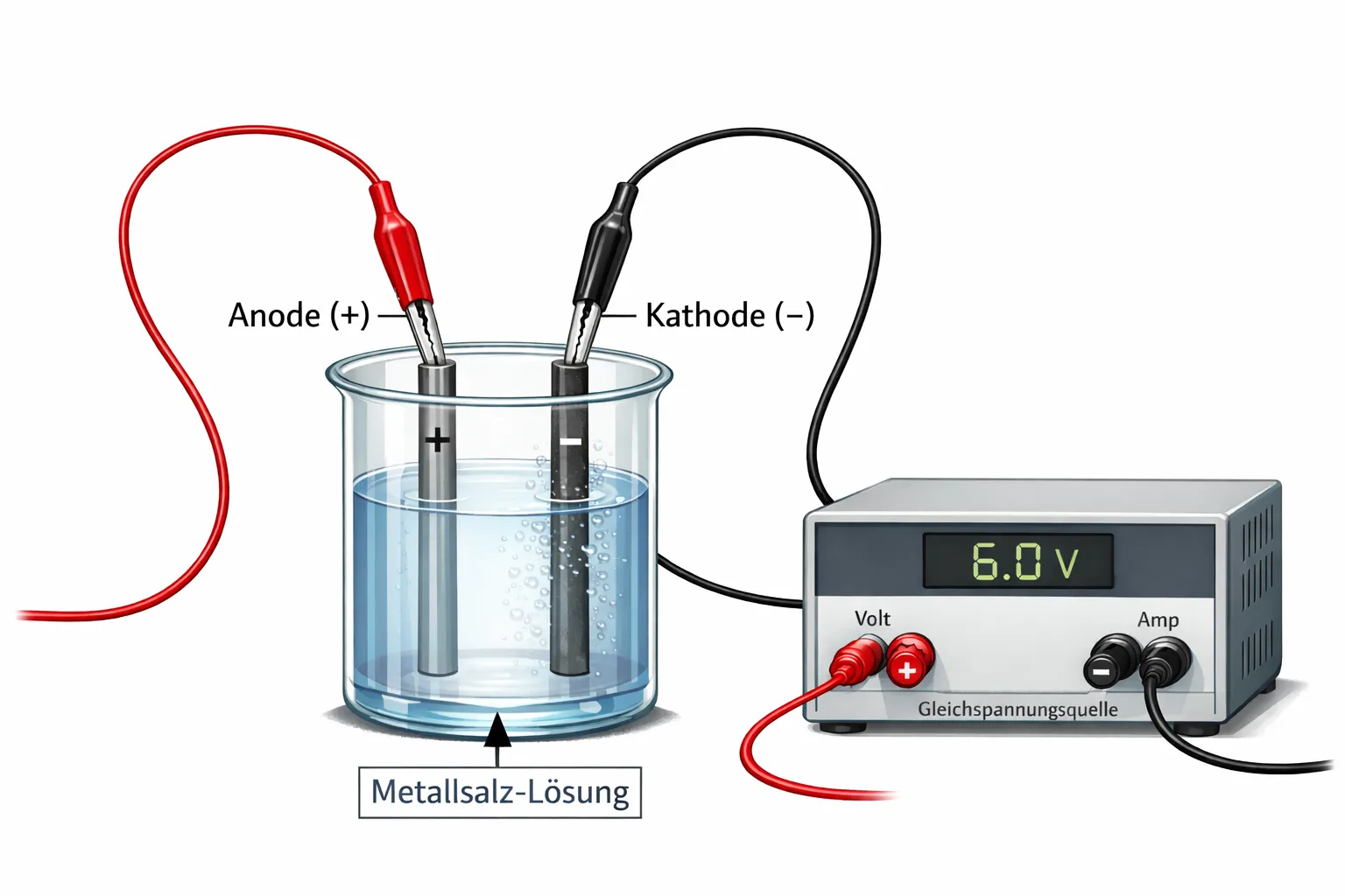 Das Bild zeigt ein Experiment zur Elektrolyse, bestehend aus einem Becherglas, einer Gleichspannungsquelle und zwei Elektroden. Das Becherglas ist mit einer Metall-Salz-Lösung gefüllt. Im Becherglas befinden sich zwei Elektroden: die Anode (+), die mit einem roten Kabel verbunden ist, und die Kathode (-), die mit einem schwarzen Kabel verbunden ist. Beide Elektroden sind teilweise in die Lösung eingetaucht.
Die Elektroden sind oben mit den Kabeln an eine Gleichspannungsquelle angeschlossen. Die Spannungsquelle zeigt eine Spannung von 6,0 Volt an. Auf der Front der Spannungsquelle gibt es Anschlüsse für Volt und Ampere, wobei die positiven Anschlüsse rot und die negativen schwarz sind. Auf den Elektroden sind zusätzlich die Symbole "+" und "-" abgebildet, um die Polarität anzuzeigen.