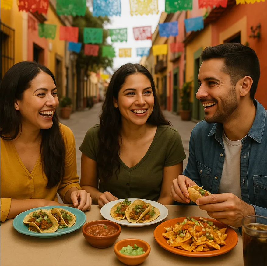 La imagen muestra a tres personas. Las dos mujeres y el hombre están sonriendo. Están sentados a una mesa. Hay platos de comida. Veo tacos y nachos. También hay dos salsas. Una salsa es roja y otra es verde. Las personas están en una calle. Hay adornos de papel de colores arriba. Las casas son de colores. Hay plantas en macetas. La escena es alegre.