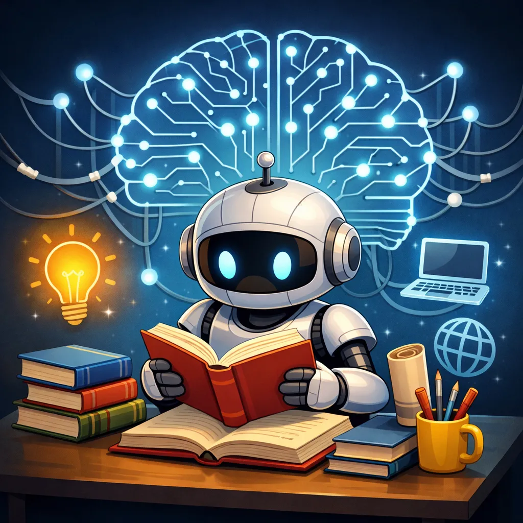 The image depicts a cute, small robot seated at a wooden desk, absorbed in reading an open book with a red cover. The robot is silver with a bulb-like antenna on top of its head and has glowing blue eyes, giving it a lively appearance.

The desk is cluttered with a variety of items, including a stack of colorful books to the left of the robot. On the right side, there’s a yellow mug holding pencils and pens, next to a rolled-up scroll or piece of paper.

In the background, there's a large, glowing brain illustration symbolizing artificial intelligence. It features complex circuitry patterns extending from it, which connect to various icons. These include a light bulb, representing ideas or innovation, a laptop, and a globe, indicative of connectivity and technology.

The overall atmosphere of the image is bright and educational, suggesting themes of learning, knowledge, and technological advancement.