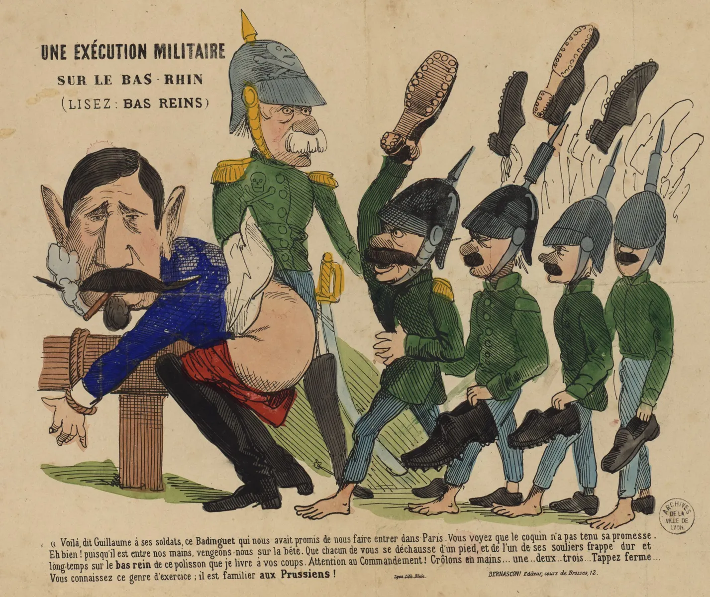 1. **Geschichtliches Thema:**
   Die Karikatur thematisiert den Deutsch-Französischen Krieg von 1870-1871. Insbesondere wird auf die Niederlage Frankreichs und die Rolle von Kaiser Wilhelm I. und dem preußischen Militär angespielt.

2. **Inhalt der Abbildung:**
   Die Karikatur zeigt eine satirische Darstellung, in der ein französischer General (möglicherweise Louis-Jules Trochu) von Preußen in einer demütigenden Art und Weise dargestellt wird. Er wird von preußischen Soldaten bespuckt, die sich anschicken, ihn zu schlagen, während er über einen Holzblock gebeugt ist. Die Soldaten halten ihre Stiefel in der Hand, was auf die Unterlegenheit und Erniedrigung Frankreichs hindeutet.

3. **Beurteilung und historische Einordnung:**
   Die Karikatur ist eine satirische Kritik an der militärischen Niederlage Frankreichs im Krieg von 1870-1871. Mit dem Sieg der Preußen unter der Führung von Bismarck und Kaiser Wilhelm I. wurde das Deutsche Kaiserreich gegründet, was bedeutende politische Auswirkungen in Europa hatte. Die Karikatur spiegelt die damalige Stimmung wider, indem sie die Überlegenheit des preußischen Militärs und die Erniedrigung Frankreichs humoristisch darstellt.
