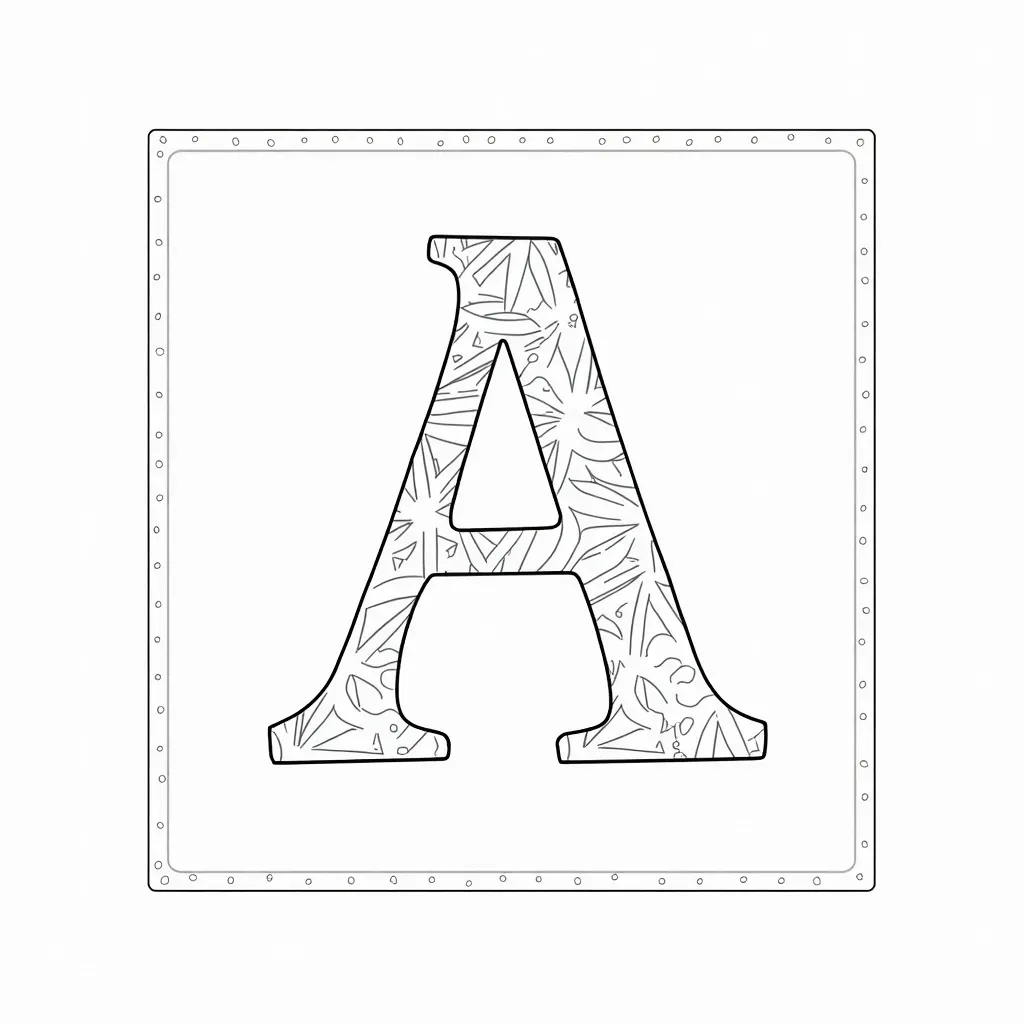 Das Bild zeigt einen großen Buchstaben „A“, der in eine Art Rahmen eingeschlossen ist, welcher an ein Blatt Papier mit genieteten Rändern erinnert. Der Buchstabe selbst ist mit einem filigranen Muster ausgestaltet, das aus verschiedenen geometrischen und organischen Formen besteht, wie Sternen, Dreiecken und abstrakten Blumen- oder Pflanzenmotiven. Der Stil erinnert an Ausmalbilder für Erwachsene oder an Muster, die man häufig in einem Malbuch findet. Die Ausführung ist sauber und detailliert mit klaren Linien. Alles ist in Schwarzweiß ohne Farbe gehalten.