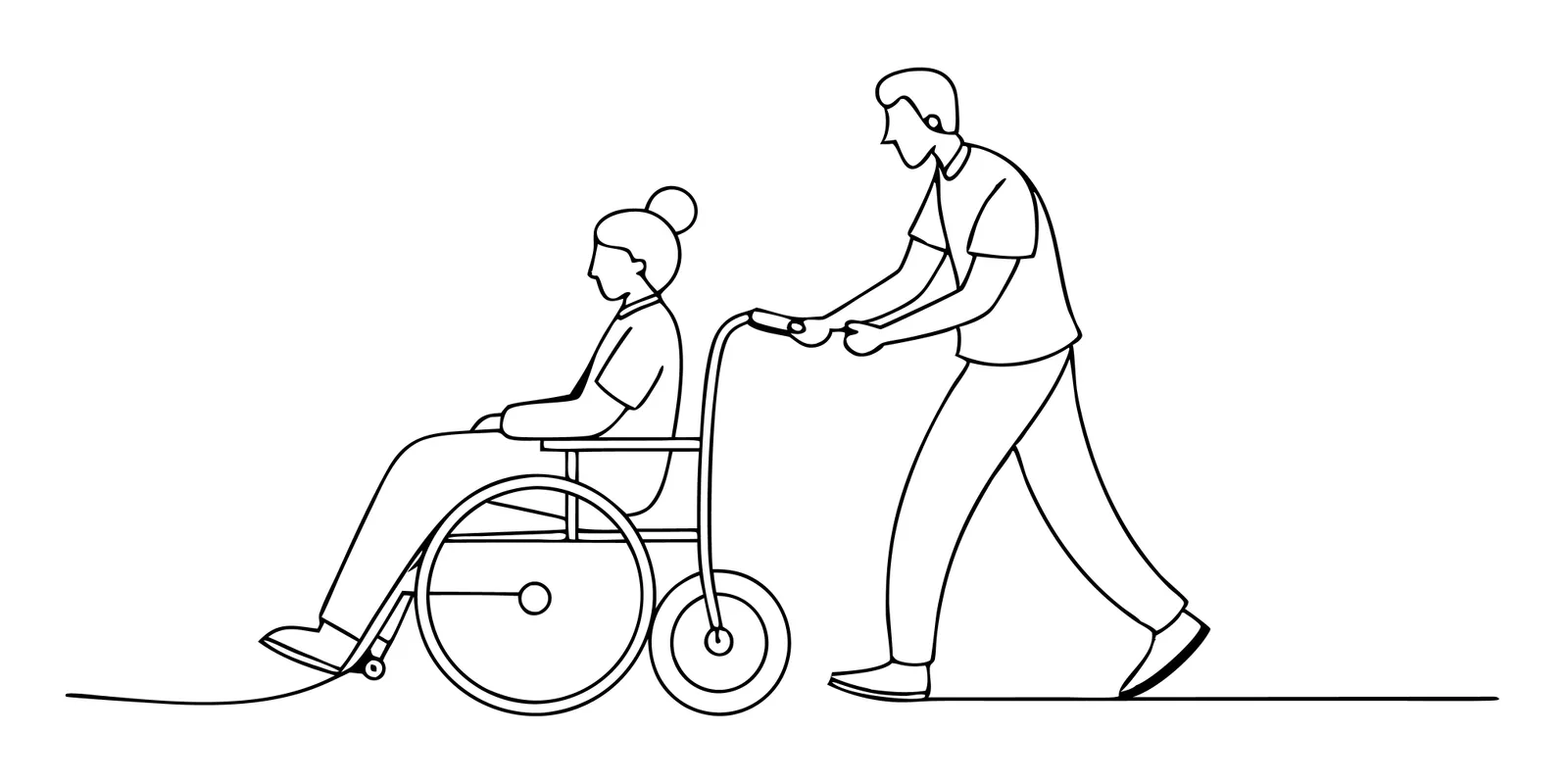 Das Bild zeigt zwei stilisierte Personen, die miteinander interagieren. Eine ältere Person mit langen, hellen Haaren steht links, hält einen Gehstock und trägt eine Brille, ein hellblaues Oberteil und einen gelben Rock. Sie scheint mit der rechten Hand zu gestikulieren. Die andere, jüngere Person sitzt rechts auf einem blauen Stuhl. Diese Person hat dunkle, lange Haare, trägt ein gelbes Oberteil und einen rosa Latzrock. Sie lächelt und schaut zur älteren Person hinüber. Im Hintergrund sind Pflanzen und ein großes Fenster zu sehen. Die Farben sind weich und pastellartig gehalten.