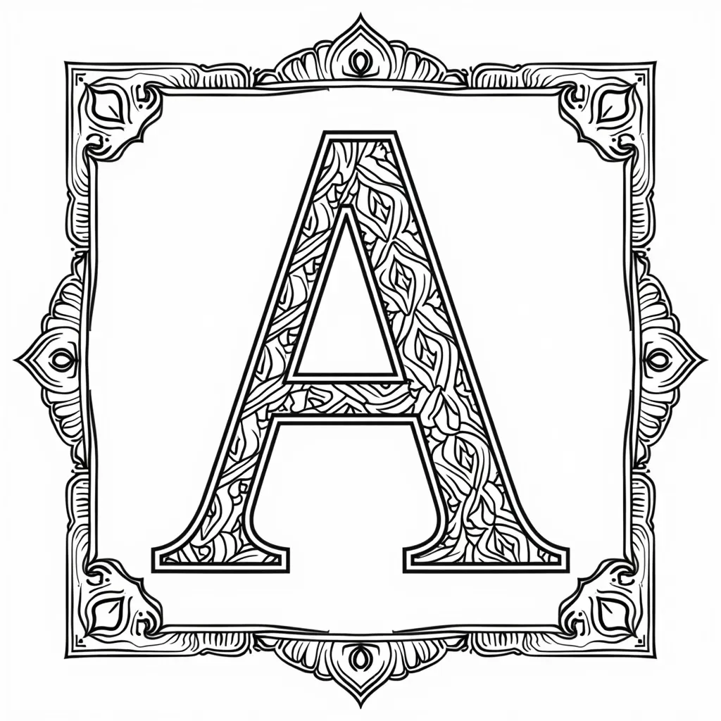 Das Bild zeigt einen majestätisch gestalteten Buchstaben A in einem verzierten Rahmen. Das A steht zentral im Bild und ist mit komplexen, keltisch anmutenden Mustern gefüllt. Es handelt sich um eine Art Initial, wie man sie in Manuskripten oder als dekoratives Element in Büchern finden kann.

Der Buchstabe selbst ist groß und bildet eine klare Silhouette. Innerhalb des A sind viele verschlungene Linien und Knoten, die ein gewisses dreidimensionales Gefühl vermitteln und den Buchstaben mit einer zusätzlichen ästhetischen Ebene versehen.

Um das A herum befindet sich ein quadratischer Rahmen, der mit Ornamenten geschmückt ist, darunter Blattwerk, florale Muster und stilisierte Tierfiguren, die typisch für keltische oder mittelalterliche Kunst sind. Im inneren Teil des Rahmens, direkt neben dem A, sind die Designs dichter und die Linien sind fein und sorgfältig ausgearbeitet. Zum äußeren Rand des Rahmens hin werden die Ornamente größer und etwas einfacher gestaltet.

Die Gesamtästhetik evoziert einen historischen oder traditionellen Stil, möglicherweise beeinflusst von mittelalterlichen oder frühneuzeitlichen visuellen Kunstformen. Das Bild ist in schwarz-weiß gehalten, was die Kontrastwirkung der verschiedenen Designs verstärkt und ihnen eine klare Sichtbarkeit verleiht.