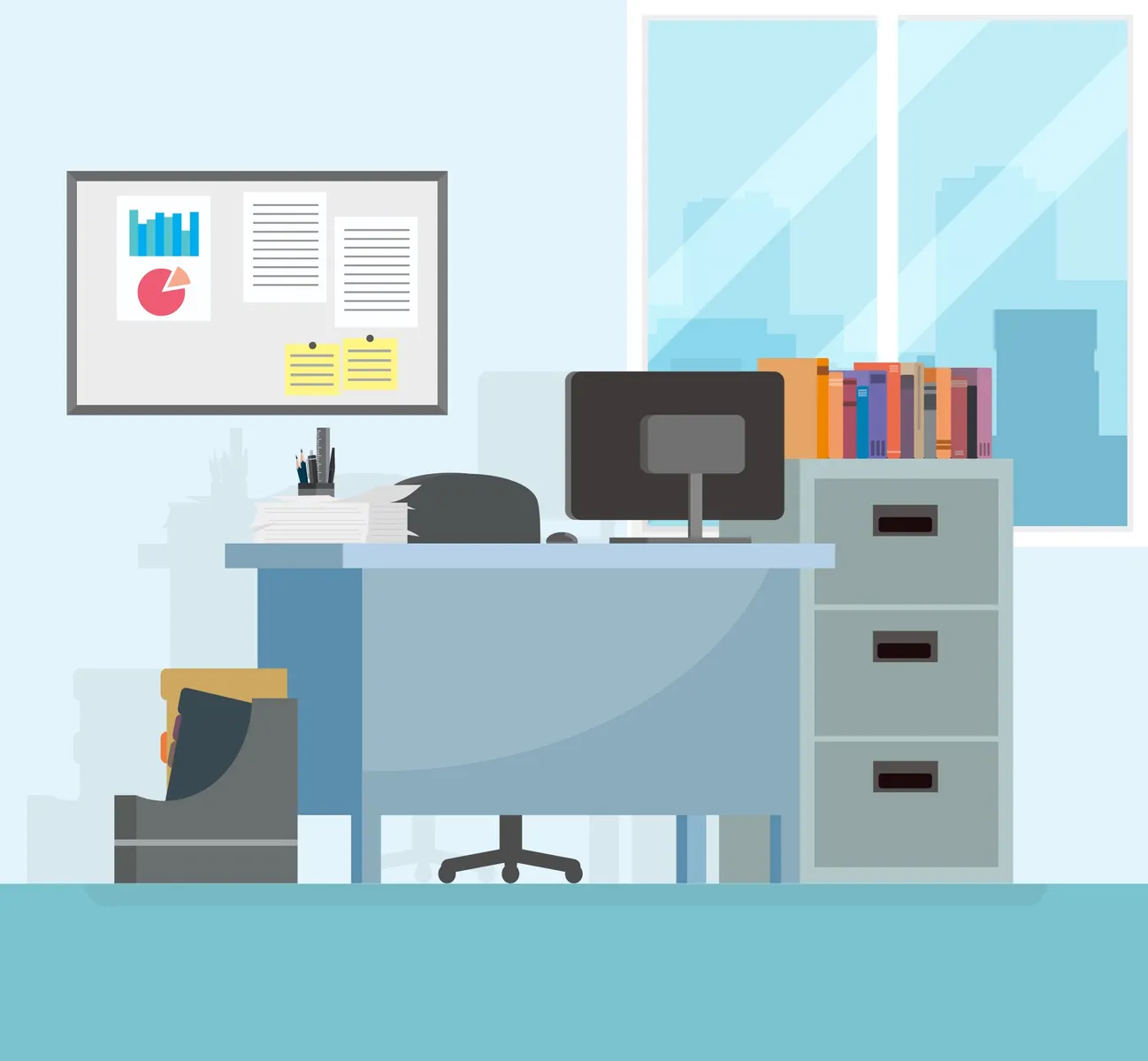 Das Bild zeigt einen modernen Büroschreibtisch aus einer flachen Design-Perspektive. An dem Schreibtisch steht ein Computerbildschirm und ein Stapel Papiere. Auf dem Tisch liegen Schreibutensilien in einem Behälter. Hinter dem Schreibtisch befinden sich ein Aktenschrank mit drei Schubladen und eine Reihe von Büchern darauf. An der Wand hängt ein Whiteboard mit Diagrammen und Notizen. Es gibt ein großes Fenster im Hintergrund, das den Blick auf eine Stadtsilhouette bietet. Der Raum wirkt hell und ordentlich.