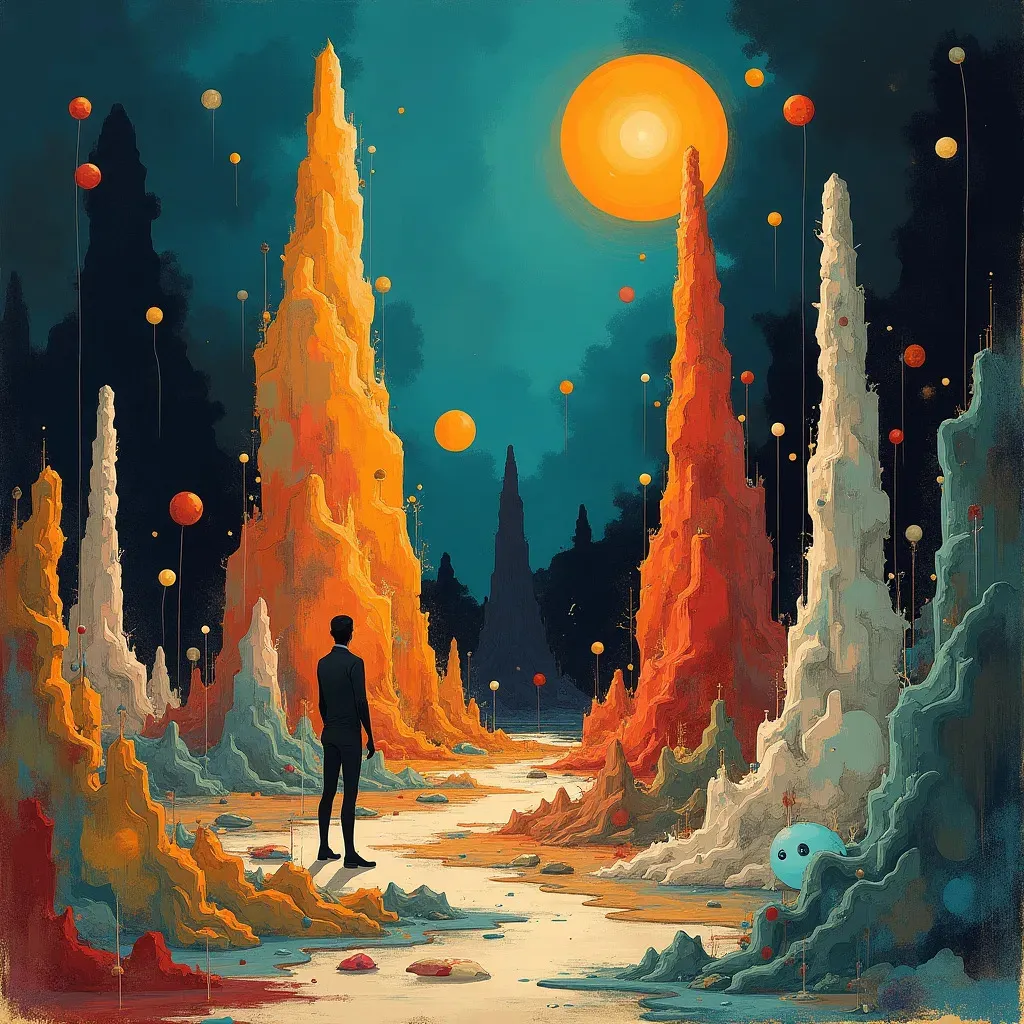 Das Bild zeigt eine surreale und farbenfrohe Szenerie, die wie eine außerirdische Landschaft wirkt. Im Vordergrund steht eine menschliche Silhouette, die auf die Umgebung blickt. Der Himmel ist in einem tiefen Türkisblau gestaltet, was einen starken Kontrast zu den leuchtend orangefarbenen und gelben Farbtönen der Landschaft bildet.

Die Landschaft besteht aus hohen, zerklüfteten Formationen, die wie spitze Säulen oder Felsnadeln aussehen; ihre Oberflächen scheinen von einer glühenden Substanz beleuchtet zu sein, als ob sie von innen heraus leuchteten. Zwischen diesen Formationen gibt es ein Tal oder eine Schlucht, durch die die zentrale Figur blickt.

Überall in der Luft schweben Kugeln in verschiedenen Größen, die eine Palette von Orangetönen aufgreifen, von blass bis intensiv. Einige der Kugeln sind mit dünnen Strängen mit den Felsformationen verbunden, was den Eindruck von Laternen oder Leuchtkörpern erweckt, die über der Landschaft schweben.

Im oberen Teil des Bildes dominiert eine große, leuchtende Sonne oder ein anderer Himmelskörper in lebhaftem Orange den Himmel. Kleine Details, wie eine quallenartige Kreatur in der unteren rechten Ecke, ergänzen die fremdartige Atmosphäre des Bildes. Das Bild spielt mit den Themen von Licht und Schatten sowie mit der Idee eines phantastischen oder extraterrestrischen Ökosystems. Die ruhige Haltung der menschlichen Figur im Kontrast zu der dramatisch beleuchteten und ungewöhnlichen Umgebung lädt zu einer Reflektion über das Verhältnis zwischen Mensch und Umwelt ein, insbesondere in einem Kontext, der über unsere gewohnten Erfahrungen hinausgeht.