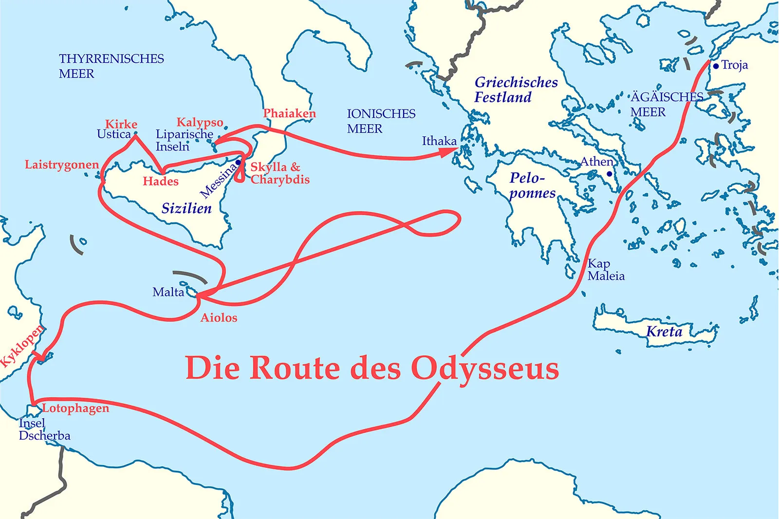 A detailed, high-resolution map illustrating the mythical voyage of Odysseus across the Mediterranean Sea, with German labeling.
### **1. Visual Overview & Layout**
* **Background & Geography:** The map depicts the Central and Eastern Mediterranean Basin. Sea areas are light blue, and landmasses (mainland Greece, the Peloponnese, Crete, the Aegean Islands, the coast of Asia Minor/Troy, the Italian Peninsula, Sicily, Malta, and the North African coast) are pale cream/off-white.
* **The Route:** A prominent, flowing red line traces the journey of Odysseus. The route begins in the northeast at Troy (*Troja*) and concludes with an arrow pointing at Ithaca (*Ithaka*).
* **Main Title:** Centered in the lower half of the map in large red serif font: **Die Route des Odysseus**.
---
### **2. Route Trajectory & Key Mythological Stops (in Red)**
1. **Troja** – Starting point in northwestern Asia Minor.
2. The route descends south through the Aegean Sea, passing Athens (*Athen*) and rounding Cape Malea (*Kap Maleia*).
3. Continues southwest across the open Mediterranean to the North African coast:
* **Lotophagen** (near *Insel Dscherba*)
* **Kyklopen** (further up the North African coast)
4. Crosses northeast towards *Malta* and **Aiolos**.
5. Loops into a large figure-eight in the central Mediterranean/Ionian Sea before heading west towards Sicily (*Sizilien*).
6. **Laistrygonen** – Located on the western coast of Sicily.
7. **Kirke** (near the island of *Ustica*).
8. **Hades** – Located on the northern coast of Sicily.
9. **Kalypso** (near the Aeolian Islands / *Liparische Inseln*).
10. **Skylla & Charybdis** – Located in the Strait of Messina (*Messina*).
11. **Phaiaken** – Located at the toe of the Italian mainland (Calabria).
12. **Ithaka** – Destination indicated with a red arrowhead on the island of Ithaca in the Ionian Sea.
---
### **3. Exact Text Transcription (Verbatim)**
#### **Title:**
* `Die Route des Odysseus`
#### **Mythological Locations & Figures (Red Text):**
* `Troja` *(blue dot next to red text/line)*
* `Lotophagen`
* `Kyklopen`
* `Aiolos`
* `Laistrygonen`
* `Kirke`
* `Hades`
* `Kalypso`
* `Skylla & Charybdis`
* `Phaiaken`
#### **Geographical Labels & Modern/Historical Names (Blue / Dark Grey Text):**
* **Bodies of Water:**
* `THYRRENISCHES MEER`
* `IONISCHES MEER`
* `ÄGÄISCHES MEER`
* **Regions, Islands, Cities & Landmarks:**
* `Griechisches Festland`
* `Ithaka`
* `Athen` *(with a location dot)*
* `Pelo-ponnes`
* `Kap Maleia`
* `Kreta`
* `Ustica`
* `Liparische Inseln`
* `Messina` *(with a location dot)*
* `Sizilien`
* `Malta`
* `Insel Dscherba`