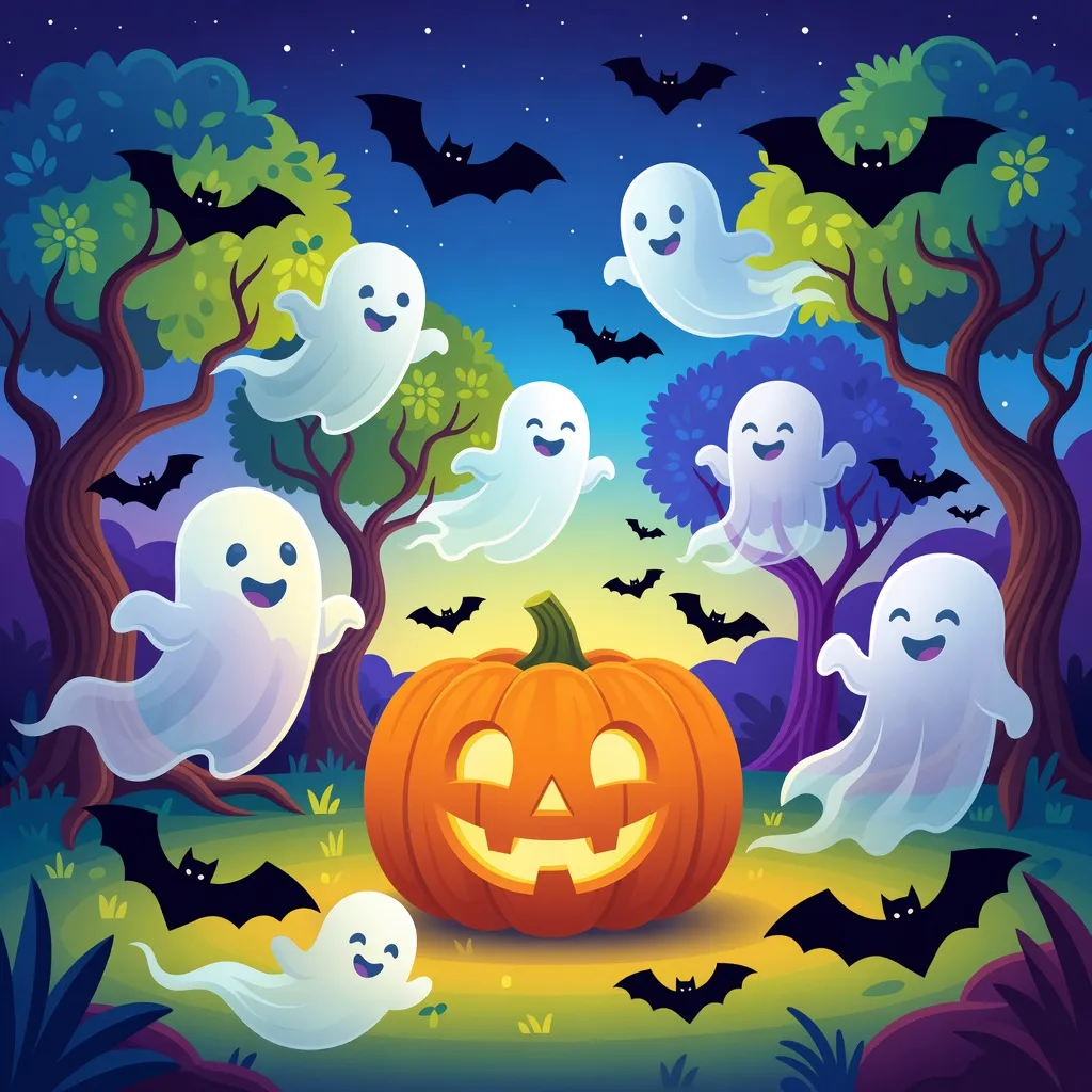 A colorful and dynamic Halloween illustration featuring a glowing pumpkin, smiling friendly ghosts, and flying bats in a playful, lively setting. No text is present in the image.