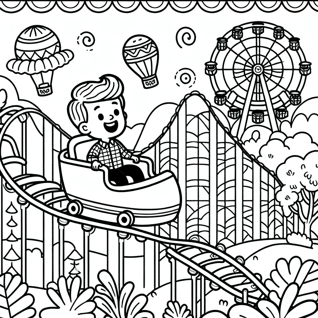 Das Bild ist eine Schwarz-Weiß-Illustration, die anscheinend für ein Malbuch gedacht ist. Es zeigt eine fröhliche Szene in einem Vergnügungspark mit einem kleinen Jungen, der allein in einem Wagen einer Achterbahn sitzt. Er strahlt vor Freude, und seine Haare sind leicht nach oben gestylt, was auf Bewegung oder Wind hinweist, der durch die Geschwindigkeit der Fahrt entsteht.
Die Achterbahn, auf der der Junge fährt, hat wellenförmige Hügel und ist mit einer Kette gesichert, die den Wagen auf den Schienen hält. Im Hintergrund des Bildes sind verschiedene Vergnügungspark-Attraktionen erkennbar: ein großes Riesenrad mit mehreren Gondeln, das teilweise von Wolken bedeckt ist, und Heißluftballons, die am Himmel schweben und mit Mustern verziert sind.
Über dem Jungen sehen wir abstrakte Wolkenmuster und dekorative Elemente wie spiralige Linien, die einen dynamischen und fröhlichen Eindruck vermitteln. Die Achterbahnschienen sind doppelt dargestellt, was die Sicherheit und Robustheit unterstreicht.
Unter der Achterbahn gibt es noch weitere Details zu erkennen: Es sind Pflanzen und Bäume gezeichnet, die den Parkbereich schmücken. Die Bäume haben runde Kronen mit dichten Blättern. Zu beiden Seiten der Achterbahn sind strukturierte Zäune abgebildet, die den Fahrweg abgrenzen.
Insgesamt ist das Bild sehr detailreich und stilisiert gezeichnet, um eine anregende Szene für Kinder zum Ausmalen zu bieten.