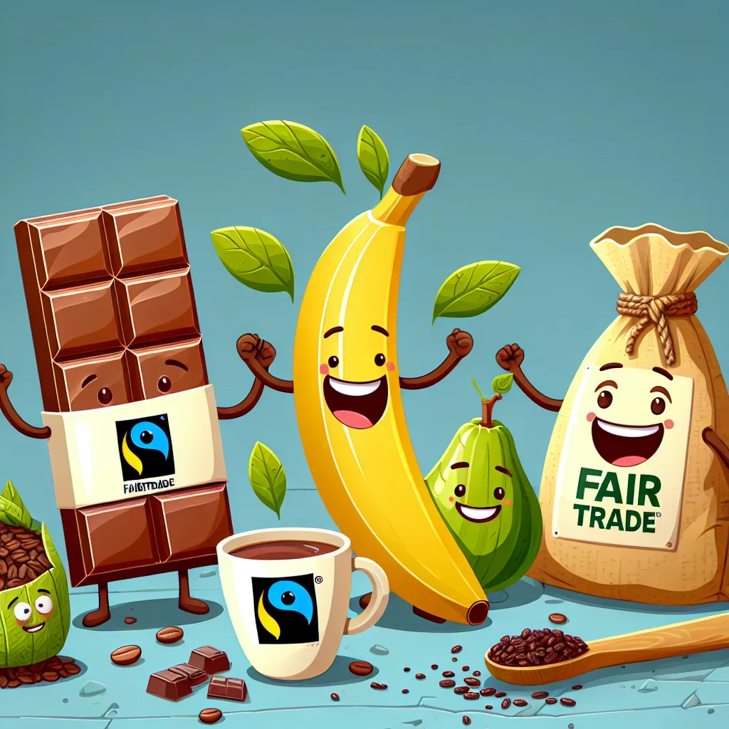 Das Bild zeigt eine fröhliche Illustration von Lebensmitteln und Getränken mit menschenähnlichen Merkmalen. Es gibt eine Tafel Schokolade mit Armen und Beinen sowie einem freudig auf dem Gesicht und dem Fairtrade-Logo auf der Brust. Neben der Schokolade steht eine Banane mit einem breiten Lächeln, Armen und Beinen. Auf der rechten Seite befindet sich ein Sack, der wohl Kaffeebohnen oder ein ähnliches Produkt enthält, ebenfalls mit dem Fairtrade-Logo, und er hat ebenfalls ein Gesicht mit einem glücklichen Ausdruck.
Vorne im Bild ist eine Tasse mit Kaffee oder einem ähnlichen Getränk abgebildet, auf der auch das Fairtrade-Logo zu sehen ist. Über dem Getränk befindet sich eine freudige Dampfwolke, die aus der Tasse aufsteigt, und die Tasse hat auch ein lächelndes Gesicht. Links unten sehen wir eine Gruppe von Kaffeebohnen mit Gesichtern, von denen eine sogar Arme und Beine hat, was darauf hindeutet, dass sie lebendig sind.
Im Hintergrund sind Kaffeebohnen verteilt, und es gibt auch mehrere grüne Blätter, die wahrscheinlich zum Thema passen und Pflanzen darstellen sollen, von denen diese Produkte stammen könnten. Die gesamte Szene spielt vor einem einfarbigen himmelblauen Hintergrund und vermittelt ein sehr fröhliches und kinderfreundliches Thema. Das übergeordnete Thema scheint Fairer Handel und die Freude an Produkten zu sein, die nachhaltig und ethisch beschafft wurden.