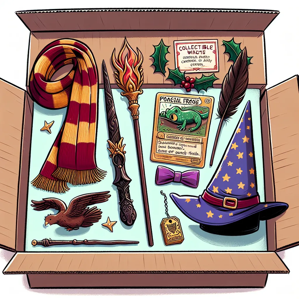 Dieses Bild zeigt eine offene Pappkarton-Box mit verschiedenen gezeichneten Gegenständen, die Assoziationen zu magischen und zauberhaften Themen hervorrufen. In der Mitte der Box liegt ein gestreifter Schal in Rot und Gelb mit Sternen darauf. Rechts neben dem Schal befindet sich ein Zauberstab, der an seinem Griff Flammenmuster und an der Spitze eine Art Flamme aufweist. Oberhalb des Zauberstabs ist ein Schild mit der Aufschrift "COLLECTIBLE WANDS" und darunter kleinere Textdetails, die aufgrund der Bildauflösung schwer zu entziffern sind.

Links von dem Schal und Zauberstab ist eine Packung zu sehen, die an eine Schachtel für Sammelkarten erinnert, auf dessen Vorderseite ein grüner Frosch abgebildet ist und die Beschriftung "POGATL FROGS" trägt. Darunter befindet sich ein dunkles Holzstück, das einem klassischen Zauberstab ähnelt.

Weiter unten im Bild ist ein stilisiertes Adlervogel-ähnliches Wesen mit ausgebreiteten Flügeln dargestellt, das nach rechts zu fliegen scheint, begleitet von zwei kleinen goldgelben Sternen.

Auf der rechten Seite der Box liegt ein stilvoller, violetter Zaubererhut mit goldenen Sternen und einem breiten, goldenen Band. Daneben hängt ein kleines, goldenes Schild mit dem Wort "LEMMIWINKS".

Links oben in der Box befindet sich ein weiterer Zauberstab, der sehr detailliert mit einem stilvollen Griff und einer einfachen Spitze gezeichnet ist; daneben liegt eine weiße Feder.

In der rechten oberen Ecke kann man eine lila Fliege mit einem Muster von Sternen erkennen. Über der Fliege befindet sich eine goldene Kette mit einer kleinen Karte oder einem Anhänger mit der Aufschrift "KRUMM".

Das Bild erscheint insgesamt, als ob es Elemente aus einer Fantasiewelt oder aus einem Märchenbuch zeigen würde; vielleicht könnte man es auch einem Bereich wie den Harry-Potter-Geschichten zuordnen, ohne jedoch auf bestimmte Charaktere oder geschützte Elemente Bezug zu nehmen. Die Gegenstände in der Box scheinen für eine Sammlung oder einen Fan dieser Zauberwelt idealtypisch zu sein.