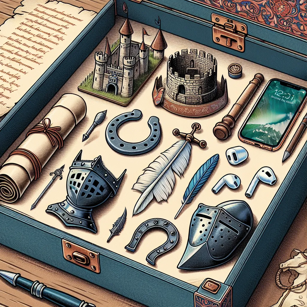 Das Bild zeigt eine Sammlung von Objekten, die in einem offenen, blauen Koffer arrangiert sind. Die Objekte sind eine Mischung aus Gegenständen aus dem Mittelalter und moderner Technologie.
Im Koffer befindet sich links oben ein aufgeschlagenes Buch mit einer Handschrift, daneben sind zwei burgartige Modelle zu sehen. Eines davon ist ein typisches Schloss mit mehreren Türmen und das andere eine zirkuläre Burg.
Auf der rechten Seite oben sieht man ein modernes Smartphone mit einer Berglandschaft auf dem Display. Es zeigt 12:37 Uhr an und unten auf dem Bildschirm steht "Regen für heute".
In der Mitte des Koffers befinden sich verschiedene Gegenstände, die zum Teil historisch, zum Teil modern sind. Es gibt einen Ritterhelm, einen Dolch mit einer blauen Perle auf dem Griff, ein Hufeisen, eine Rolle Pergament, eine Füllfeder und ein Tintenfass mit einer Feder. Außerdem ist ein modernes Gerichtshammer zu sehen.
Direkt neben dem Smartphone liegt ein Paar weißer, drahtloser Ohrhörer (wahrscheinlich vom Typ AirPods).
Unten im Bild sieht man Teil eines Tierkopfes (eventuell eines Drachen oder Pferdes), der als dekoratives Element des Koffers fungiert, sowie zwei Ränder des Koffers mit Scharnieren und Verschlüssen aus Metall.
Das Bild verbindet Elemente aus vergangenen Epochen mit Technologie der Gegenwart und kreiert eine anachronistische Stimmung. Es scheint als würden die Gegenstände eine Brücke zwischen Vergangenheit und Moderne schlagen und verdeutlichen, wie weit die Menschheit gekommen ist, sowohl in technologischem Fortschritt als auch in der Alltagskultur.