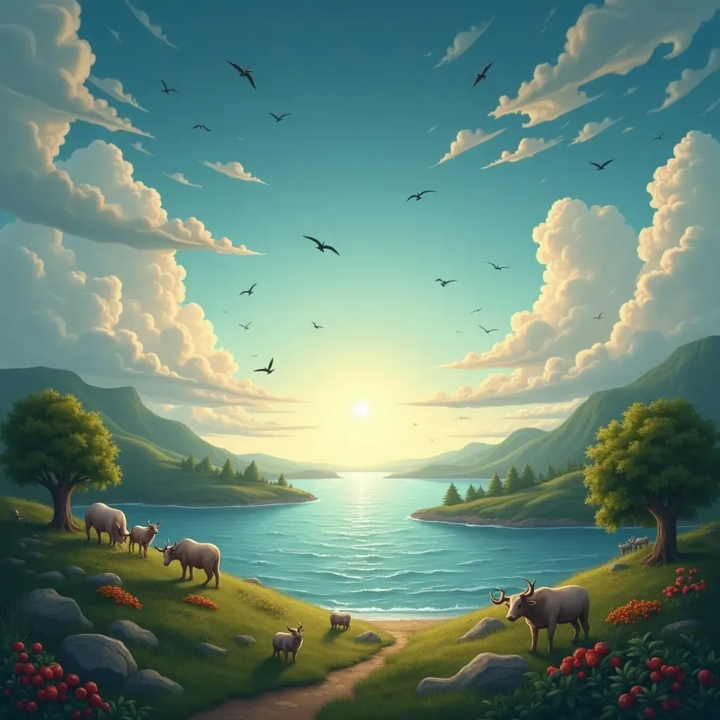 Das Bild zeigt eine idyllische und friedliche Landschaft bei Sonnenuntergang. Im Vordergrund sieht man eine Gruppe von Antilopen, die sich auf einer Grünfläche mit blühenden Büschen und Bäumen befinden. Eine der Antilopen steht auf dem Weg und scheint die Ansicht zu genießen oder in die Ferne zu schauen.

Der Weg schlängelt sich sanft hinunter zum Ufer eines ruhigen, blauen Sees, der von grünen Hügeln und kleineren Bergketten umgeben ist. An den Ufern wachsen vereinzelt Bäume und Büsche, einige davon tragen rote Früchte. Der See selbst erstreckt sich tief in das Tal zwischen den Hügeln, und eine kleine Landzunge mit Bäumen teilt ihn teilweise.

Die Szene wird beherrscht von einem dramatischen Himmel, der von weißen, flauschigen Wolken und mehreren fliegenden Vögeln geziert wird, welche das stimmungsvolle Abendlicht fangen. Die Sonne steht tief am Horizont und taucht die ganze Szene in ein warmes, goldenes Licht, das das Wasser zum Funkeln bringt und die Körper der Tiere und die Landschaft sanft beleuchtet.

Das Bild könnte als Künstlerdarstellung einer idealisierten Natur betrachtet werden, die Ruhe und unberührte Schönheit ausstrahlt.