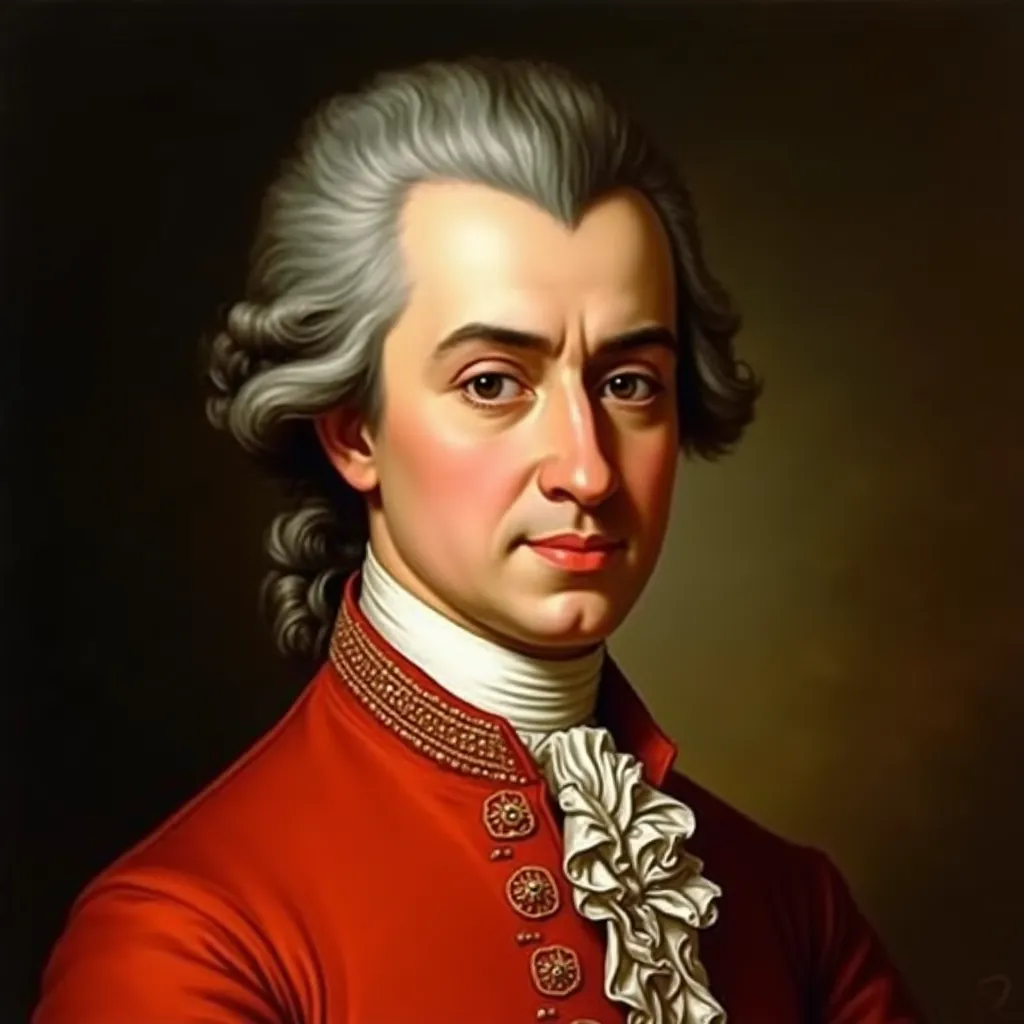 Das Bild zeigt ein porträt eines Mannes mit auffälligen Gesichtszügen und einem ernsten Ausdruck. Er hat weiß-graues, gewelltes Haar, das ordentlich nach hinten gekämmt ist. Der Mann trägt einen roten Mantel mit einem hohen, weißen Kragen, der verzierungen aufweist. Der Mantel ist mit dekorativen, goldfarbenen Knöpfen versehen und darunter trägt er ein weißes, rüschenbesetztes Hemd, das unter dem Kinn zusammengebracht ist.

Der Hintergrund des Porträts ist dunkel gehalten, was den Fokus auf das Gesicht und die Kleidung der dargestellten Person lenkt. Das Licht fällt von links oben, wodurch Gesichtszüge und Kleidung plastisch hervorgehoben werden und Schatten zu sehen sind. Die Bildästhetik sowie die Kleidung deuten darauf hin, dass das Bild einen historischen Charakter hat, möglicherweise aus dem 18. Jahrhundert.