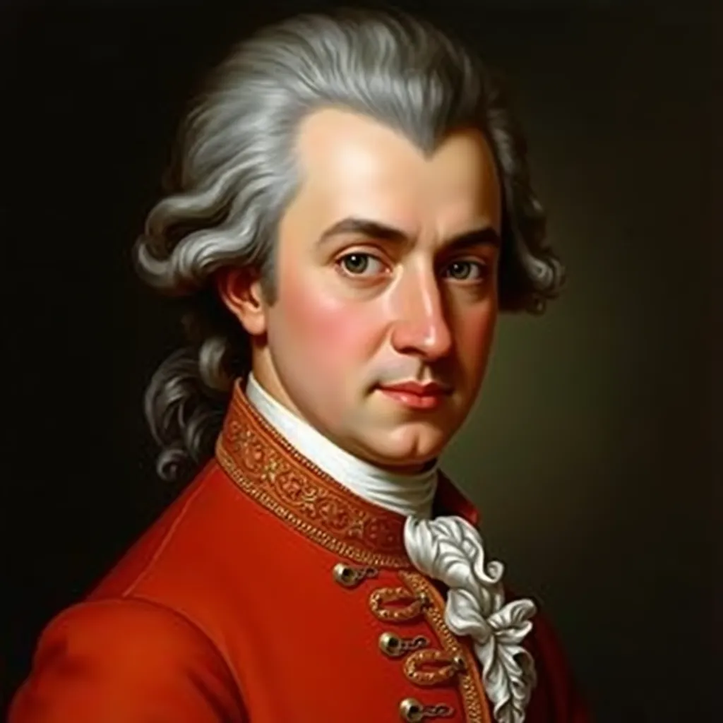 Das Bild zeigt eine Porträtmalerei eines Mannes in historischer Kleidung. Der Mann hat graues, welliges Haar, das nach hinten gekämmt ist. Er trägt eine rote Jacke mit goldenen Verzierungen und schwarzen Knöpfen. Darunter ist eine weiße Rüsche am Kragen sichtbar, was auf eine formelle Kleidung aus einer vergangenen Epoche hindeutet, vermutlich aus der klassischen oder barocken Zeit. Der Hintergrund ist dunkel, was den Fokus auf das Gesicht und die Kleidung des Mannes lenkt. Sein Gesichtsausdruck ist ernst und aufmerksam, mit einem leichten Erröten auf den Wangen. Die Beleuchtung im Bild betont die feinen Details des Porträts.