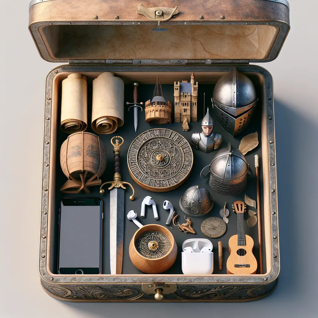 In der abgebildeten Truhe befindet sich eine interessante Sammlung von Gegenständen, die sowohl aus historischen als auch aus modernen Zeiten stammen.
Oben links befinden sich zwei zusammengerollte Pergamentrollen, die alten Schriftstücken gleichen. Daneben sind ein Weinfass und ein dekoratives Dolch-Schwert zu sehen. Im Zentrum liegt ein rundes Objekt, das wie ein antiker Stein oder ein Schild aussieht, verziert mit komplizierten Mustern oder Symbolen.
Rechts von der Mitte befinden sich Miniaturen oder Modelle von mittelalterlichen Ritterrüstungen und Helmen sowie eine kleine Burg oder ein Schlossmodell. Diese Gegenstände scheinen historische Themen oder das Mittelalter zu repräsentieren.
Unterhalb der traditionellen Gegenstände befinden sich moderne Objekte, darunter ein Smartphone, drahtlose Ohrhörer (AirPods) und deren Ladehülle. Diese stehen im starken Kontrast zu den anderen, historischen Gegenständen.
Zusätzlich gibt es einen kleinen Kompass, ein Blatt, ein Miniatur-Horn, ein Uhrwerk, ein kleines hölzernes Musikinstrument (ähnlich einer Ukulele) und ein paar weitere dekorative Gegenstände, die verschiedene Epochen und Kulturen darstellen könnten.
Die Truhe selbst scheint aus Holz und Metall gefertigt zu sein, im Stil einer antiken Schatztruhe, die sorgfältig alle diese vielfältigen Gegenstände beherbergt.