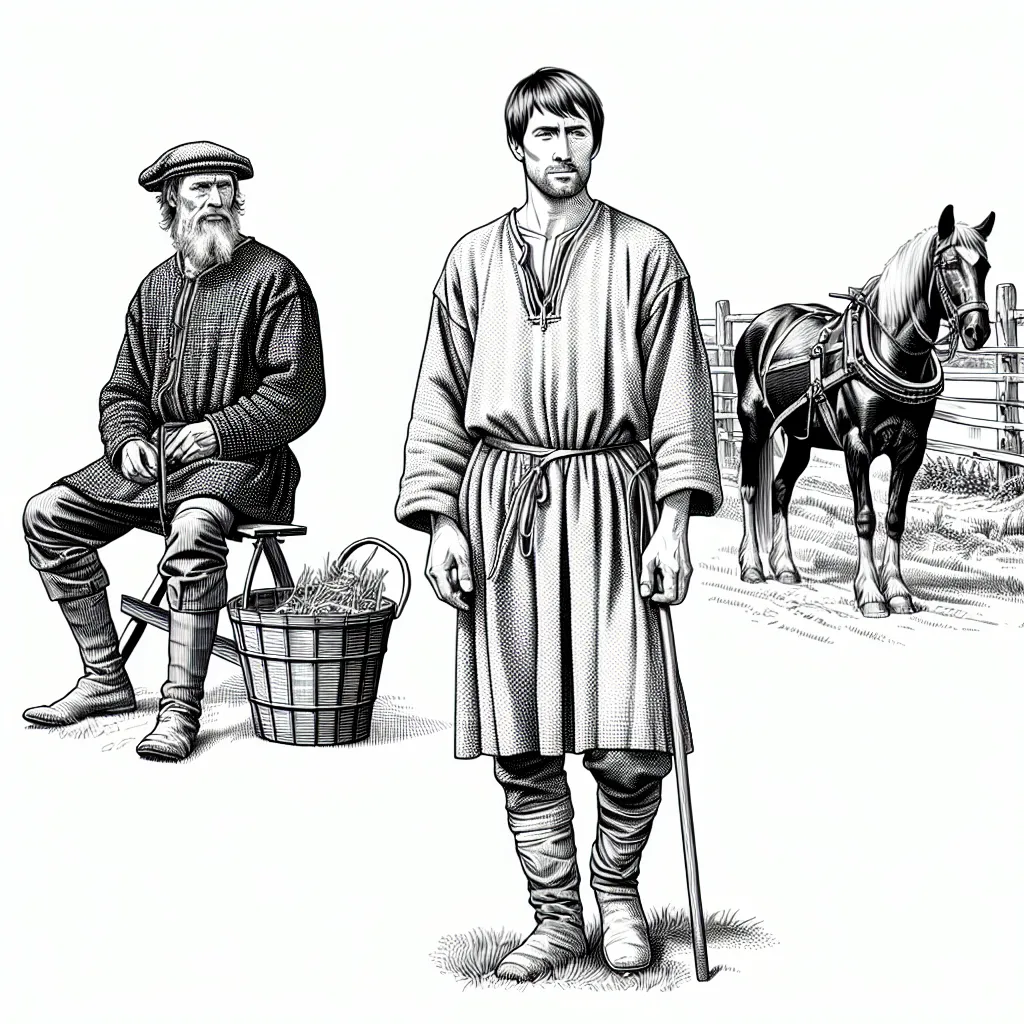 Dieses Bild ist eine schwarz-weiße Illustration, die eine ländliche Szene zeigt. Es sind zwei Männer und ein Pferd zu sehen. Der ältere Mann links sitzt auf einem Hocker und trägt einfache, historisch anmutende Kleidung. Er hat einen Vollbart und trägt eine Mütze, die damals üblich war. Neben ihm steht ein Korb mit Heu oder Stroh.
Der jüngere Mann steht in der Mitte des Bildes. Er trägt ein langes Gewand und einfache Stiefel, was auf eine historische Epoche hindeutet. Seine Frisur ist kurz und schlicht. Der Mann hält einen Stock in der Hand.
Rechts im Bild steht ein Pferd, das an einen Zaun angebunden ist. Das Pferd ist gesattelt, was darauf hinweist, dass es für Arbeit oder Transport verwendet wird.
Der Hintergrund zeigt einen einfachen ländlichen Zaun, der zu einer Bauernhof- oder Dorfszene passen würde. Die Darstellung scheint eine Darstellung des einfachen ländlichen Lebens aus einer früheren Zeit zu sein.