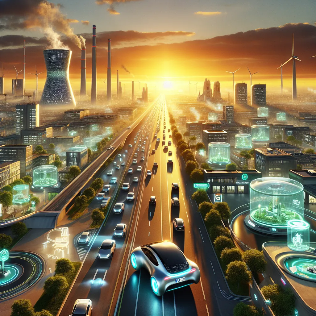 Das Bild zeigt eine futuristische Stadtszene bei Sonnenuntergang. Eine breite Straße, auf der zahlreiche autonome Fahrzeuge mit leuchtenden Rädern fahren, führt in Richtung Horizont. Rechts und links der Straße befinden sich moderne Gebäude mit Glasfassaden. Einige dieser Gebäude sind von holografischen Projektionen umgeben, die Technologien und ökologische Themen darstellen.
Im Hintergrund sind mehrere hohe Türme und Schornsteine zu sehen, die darauf hindeuten, dass in der Stadt sowohl traditionelle als auch moderne Energiequellen genutzt werden. Windkraftanlagen stehen auf Hochhäusern, was auf einen Fokus auf erneuerbare Energien hinweist. Die Atmosphäre der Stadt wirkt lebendig und fortschrittlich, mit grünen Bäumen, die das Stadtbild ergänzen.
In der Ferne befindet sich eine weithin sichtbare, futuristische Kathedrale oder ein Monument, das der Szene eine kulturelle Note verleiht. Insgesamt vermittelt das Bild eine Mischung aus Technologie und Nachhaltigkeit in einer urbanen Zukunftslandschaft.