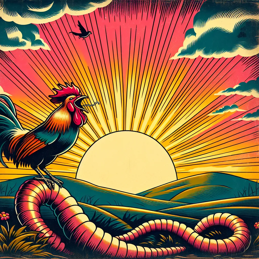 Das Bild zeigt eine lebendige und symbolische Darstellung eines Sonnenaufgangs in einer ländlichen Umgebung. Im Vordergrund steht ein Hahn mit auffälligem, farbenfrohem Gefieder, der laut zu krähen scheint. Der Hahn ist auf einem riesigen Wurm platziert, der sich durch das Bild schlängelt. Im Hintergrund erhebt sich die Sonne majestätisch über sanften Hügeln, und die Strahlen breiten sich fächerartig über den Himmel aus, in lebendigen Rottönen gehalten.
Der Himmel ist mit dramatischen Wolkenformationen verziert, und ein Vogel fliegt hoch oben in der Szene. Auf dem Boden sind vereinzelt Pflanzen und Blumen neben dem Wurm zu sehen, was eine natürliche und idyllische Atmosphäre schafft. Die gesamte Komposition strahlt eine intensive Lebendigkeit und Energie aus, die den Beginn eines neuen Tages symbolisiert.