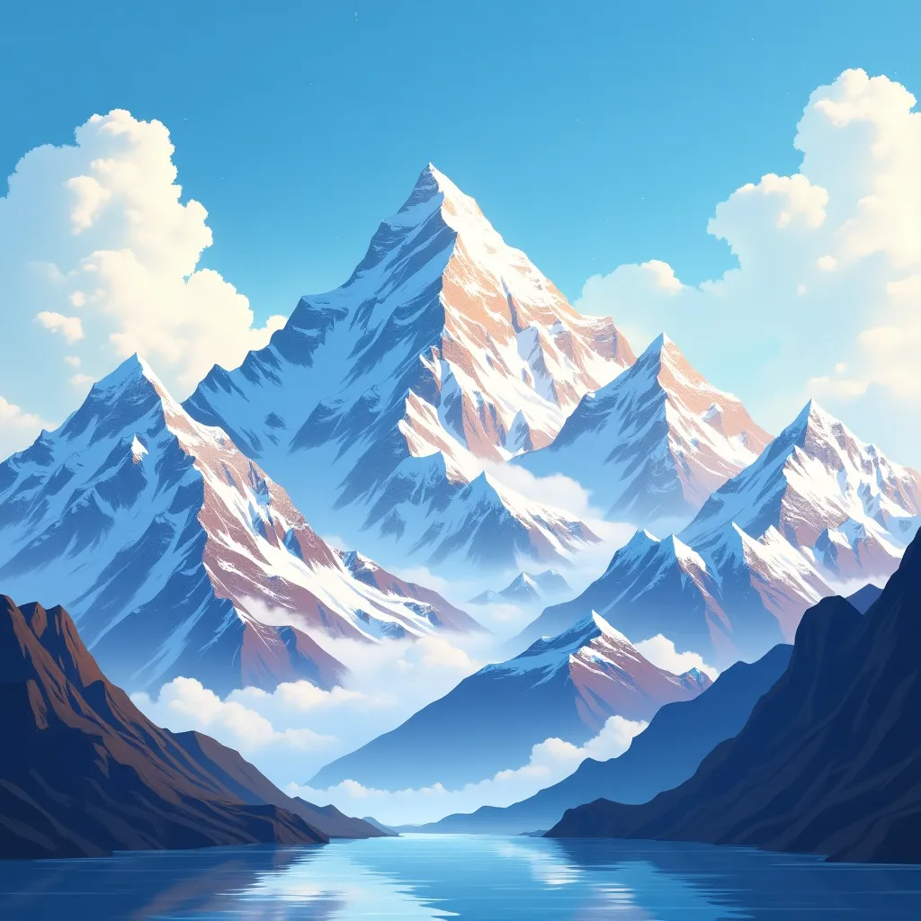 Das Bild zeigt eine malerische Berglandschaft mit majestätischen, schneebedeckten Gipfeln. Im Vordergrund fließt ein ruhiger, klarer Fluss oder See, der das Bild zusätzlich belebt und die Bergspiegelungen auf seiner Oberfläche widerspiegelt. Die Berge sind in verschiedenen Schichten angeordnet, was der Szenerie eine Tiefe gibt und den Eindruck von Erhabenheit und Größe verstärkt. Der Himmel ist klar und blau, mit einigen flauschigen weißen Wolken, die dem Bild eine friedliche und beruhigende Atmosphäre verleihen. Die gesamte Farbpalette trägt zur natürlichen Schönheit und Ruhe der Landschaft bei.