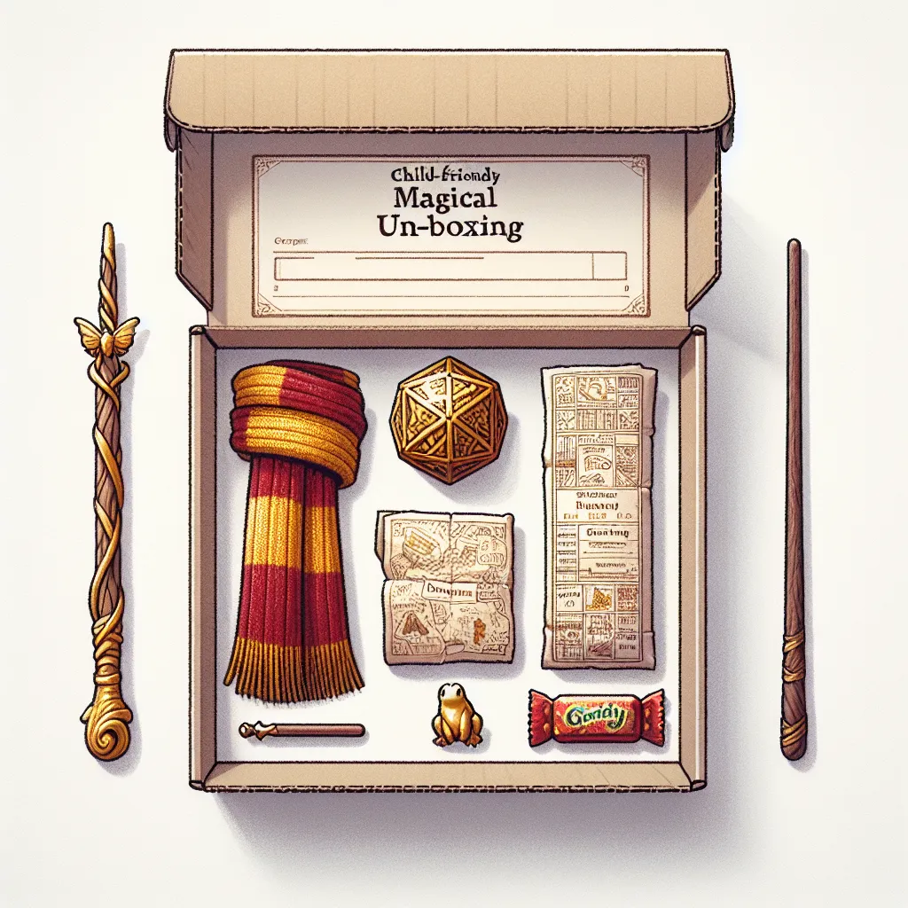 Das Bild zeigt eine geöffnete Box mit der Aufschrift „Child-friendly Magical Un-boxing“. In der Box befinden sich verschiedene Gegenstände:
1. **Linke Seite**: Ein Zauberstab mit einem spiralförmigen, filigranen Design.
2. **Mitte oben**: Ein gestrickter Schal in den Farben Rot und Gelb, oft mit einem bekannten Zauberschüler in Verbindung gebracht.
3. **Mitte**: Ein dodekaedrisches Objekt, möglicherweise ein magisches Artefakt oder Würfel.
4. **Rechte Seite**: Mehrere gerollte Stücke Papier, die mysteriösen Pergamenten ähneln.
5. **Mitte unten**: Eine kleine goldene Figur eines Frosches, gefolgt von einer Bonbonverpackung mit der Aufschrift „Candy“.
All diese Elemente erwecken den Eindruck, als gehörten sie zur Welt eines magischen Universums, das Kinder und Erwachsene gleichermaßen fasziniert.