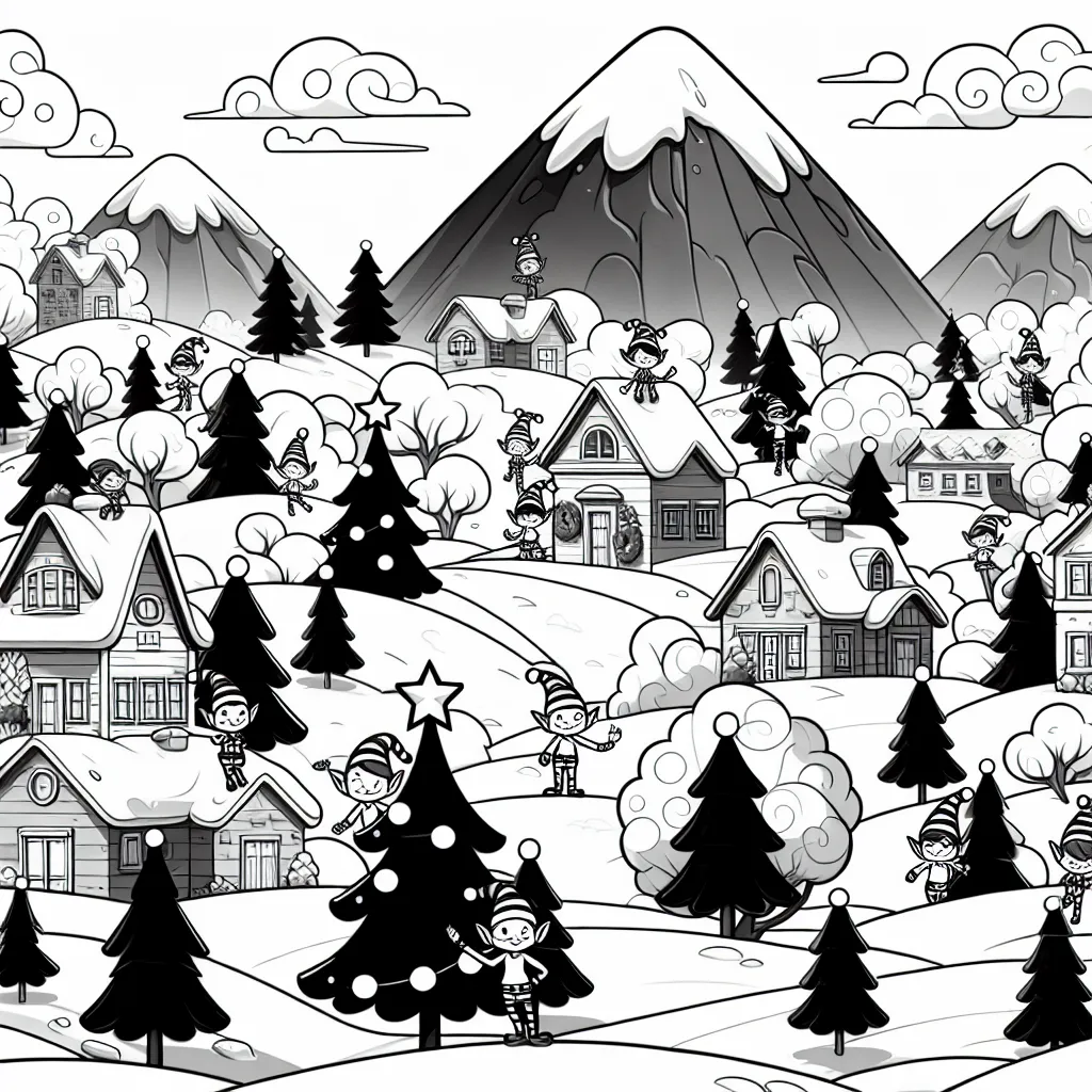 Das Bild zeigt eine verschneite Winterlandschaft, in der eine malerische kleine Stadt liegt, umgeben von Bergen. Die Berge im Hintergrund sind groß und majestätisch, mit Schneekuppen. In der Mitte des Bildes befindet sich eine Ansammlung von Häusern im traditionellen Stil, jedes mit einer Schneeschicht bedeckt. Die Landschaft ist mit zahlreichen Tannenbäumen geschmückt, einige davon sind größer und mit Weihnachtsdekoration versehen, einschließlich eines Sterns an der Spitze.
Um die Häuser herum und in der gesamten Szene sind viele kleine, fröhlich aussehende Elfen verstreut. Sie tragen typische Weihnachtsmann-Elfen-Outfits mit gestreiften Strümpfen, Mützen und Schuhen. Einige Elfen klettern auf den Bäumen oder sitzen auf den Dächern der Häuser. Die Fenster der Häuser sind mit Kränzen dekoriert, was ein Gefühl von Festlichkeit vermittelt.
Der Himmel ist mit Wolken bedeckt, doch es gibt Anzeichen von möglichen Schneefällen, die das Bild noch winterlicher und festlicher wirken lassen. Die ganze Szene strahlt eine gemütliche und magische Atmosphäre aus, ideal für ein winterliches oder weihnachtliches Motiv.
