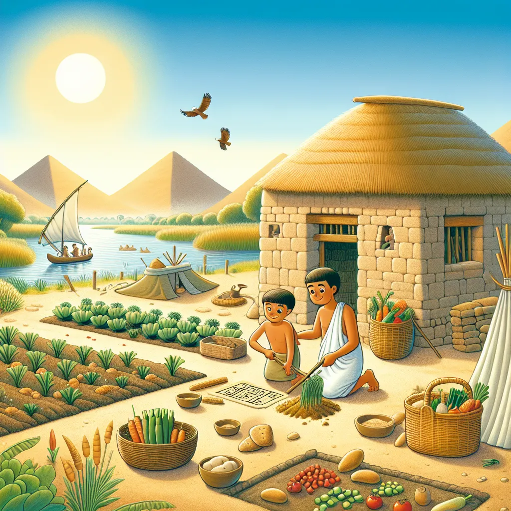 Auf dem Bild sieht man eine idyllische ländliche Szene aus dem alten Ägypten. Im Vordergrund befinden sich zwei Personen, offensichtlich ein Erwachsener und ein Kind, die zusammenarbeiten. Sie sind dabei, landwirtschaftliche Lebensmittel zu ernten oder zu sortieren. Neben ihnen liegen verschiedene Erntekörbe mit Gemüse wie Karotten und Lauch sowie andere Lebensmittel wie Brot und Eier.
Die beiden Personen sind in typisch ägyptischer Kleidung gekleidet. Der Erwachsene trägt ein weißes Gewand, während das Kind ein kurzes Wickelgewand trägt. Sie sitzen neben einem rechteckigen sandigen Bereich, der vermutlich ein Teil des Gartens oder der Felder ist, wo Pflanzen in geordneten Reihen wachsen.
Links im Bild ist ein Fluss zu sehen, auf dem ein Segelboot mit mehreren Personen fährt. Das Wasser scheint friedlich, und am Himmel fliegen Vögel. Die Umgebung ist geprägt von grünen Pflanzen und einem klaren, sonnigen Himmel. Im Hintergrund sind Pyramiden und sanfte Hügel sichtbar, typisch für die Landschaft entlang des Nils.
Ein einfaches strohgedecktes Haus steht direkt hinter den beiden Personen. Es ist aus Steinblöcken gebaut und hat eine offene Tür, sowie kleine Fenster. Der Stil des Hauses spiegelt die antiken ägyptischen Bauweisen wider. Der ganze Schauplatz wirkt harmonisch und friedlich, ein Abbild des früheren Lebens entlang des Nils.