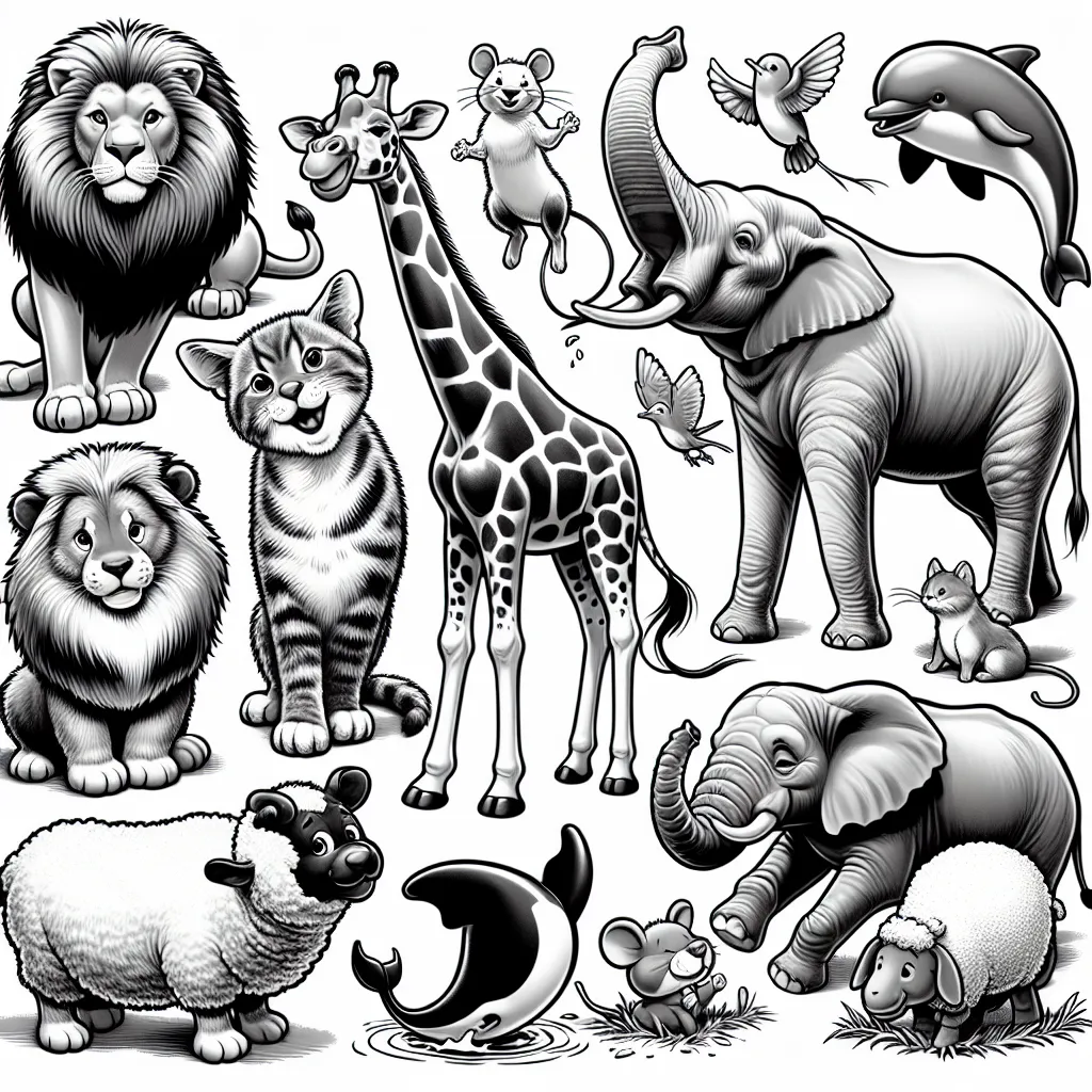 Das Bild zeigt eine Sammlung von cartoonartigen Tieren in Schwarz-Weiß. Zu sehen sind ein Löwe, der majestätisch sitzt, sowie ein Elefant, der mit erhobenem Rüssel steht. Eine Giraffe mit langen Beinen und einem freundlichen Gesichtsausdruck ist ebenfalls zu entdecken. Zwei Schafe mit lockigem Fell sind im Bild, und eine Katze mit einem fröhlichen Lächeln sitzt daneben.
Eine Maus ist abgebildet, die auf ihren Hinterbeinen steht. Zudem fliegen zwei Vögel im Bild, einer davon scheint ein Kolibri zu sein. Ein Delfin springt mit einem spielerischen Ausdruck aus dem Wasser.
Die Tiere sind detailliert und humorvoll dargestellt, mit Fokus auf ihre charakteristischen Merkmale. Der Gesamteindruck ist fröhlich und ansprechend, wobei die Vielfalt der dargestellten Tiere hervorsticht.