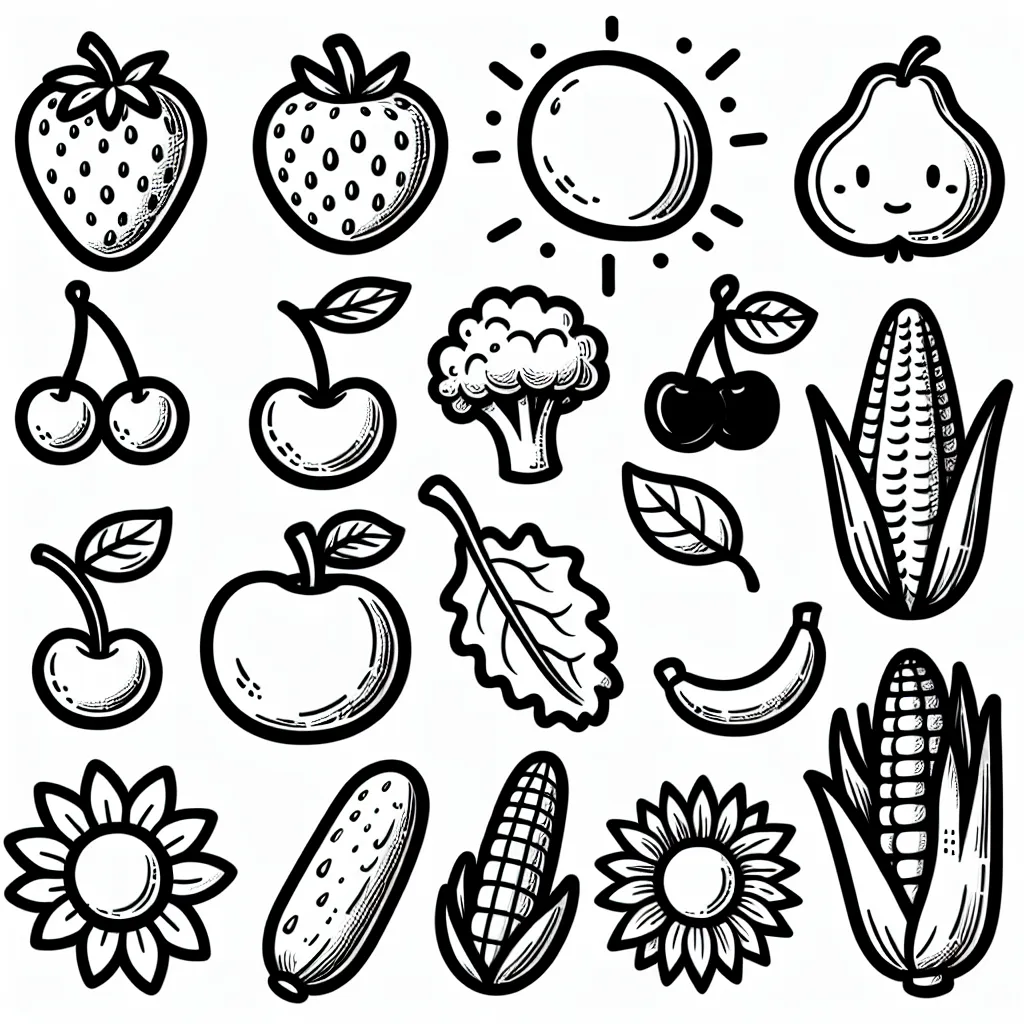 Das Bild zeigt eine Sammlung von illustrierten Symbolen in einem schwarz-weißen Stil. Oben links befinden sich zwei Erdbeeren mit charakteristischen Samen auf ihrer Oberfläche. Daneben ist eine stilisierte Sonne mit Strahlen, die in alle Richtungen zeigen. Rechts von der Sonne ist ein Birnenmotiv, das ein Gesicht hat und dadurch anthropomorph wirkt.

Eine Reihe darunter sind Kirschen mit Blättern an den Stielen. In ihrer Mitte ist eine Brokkoliröschen abgebildet. Am rechten Rand dieser Reihe ist ein weiterer Kirschdruck und ein Maiskolben, der von seinen Hüllblättern umgeben ist.

Weiter unten gibt es links ein Apfelmotiv mit einem Blatt, das sich darüber biegt, gefolgt von einem großen Blatt, das möglicherweise von einer Salatpflanze stammt. Es folgt ein weiteres Blatt.

In der untersten Reihe sind zwei Sonnenblumen links und rechts zu sehen. Zwischen ihnen sind eine Gurke und ein weiteres Maiskolbenmotiv platziert. Ganz rechts befindet sich eine Banane. Diese Auswahl von Illustrationen zeigt verschiedene Früchte, Gemüse und ein Sonnensymbol in einem verspielten und dekorativen Stil.