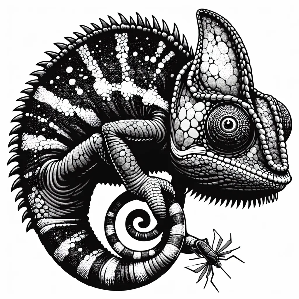 Das Bild zeigt eine detaillierte Schwarz-Weiß-Illustration eines Chamäleons. Das Chamäleon ist von der Seite dargestellt, wobei der Kopf nach rechts gerichtet ist. Es hat große, hervorstehende Augen mit einem komplexen Muster, was typisch für Chamäleons ist. Die Haut des Tieres ist mit einer Vielzahl von Schuppenstrukturen detailliert dargestellt. Diese Schuppen sind in verschiedenen Größen und Formen angeordnet, was der Illustration ein beeindruckendes Maß an Detailreichtum verleiht.

Die Körperhaltung des Chamäleons ist so, dass es seinen Schwanz aufgerollt hat, was ein charakteristisches Merkmal dieser Tiere ist. Der Schwanz ist spiralförmig eingerollt und die Schuppen darauf sind ebenfalls sehr detailliert gezeichnet. Eine hervorstechende Besonderheit ist ein Insekt, das das Chamäleon mit einer seiner Greifhände hält. 

Das Chamäleon hat am Rücken und entlang des Körpers weiße Punkte und Streifen, die sich von dem dunklen Hintergrund abheben und zusätzliche visuelle Akzente setzen. Der Kontrast zwischen den schwarzen und weißen Bereichen verstärkt die dreidimensionale Wirkung der Illustration.