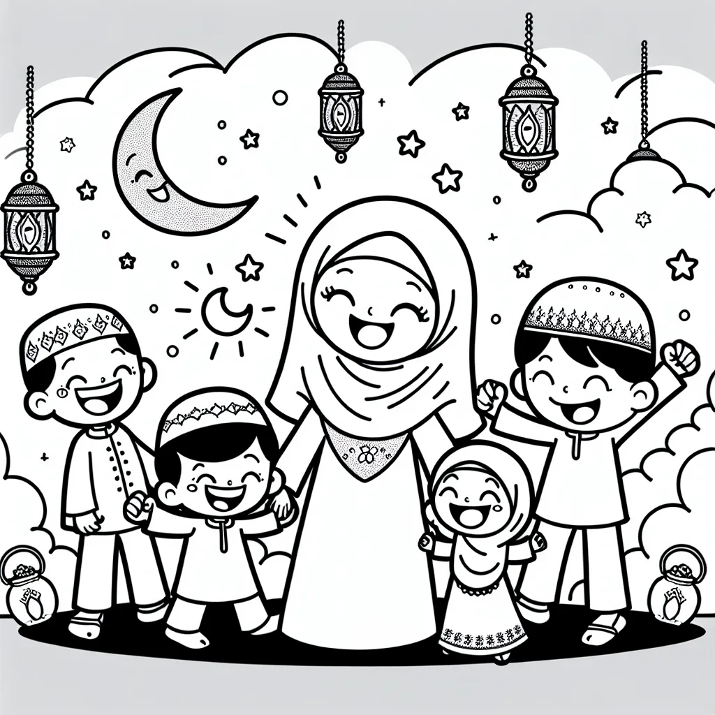 Dieses Bild zeigt eine fröhliche Familie in einer stilisierten, festlichen Umgebung. Im Vordergrund steht eine Frau, die einen Hijab trägt, umgeben von vier Kindern. Alle Figuren lachen und halten sich an den Händen, was ein Gefühl von Freude und Zusammengehörigkeit vermittelt.

Im Hintergrund sind des nachts Szenen zu erkennen, illustriert durch eine lachende Mondsichel und zahlreiche Sterne. An den Rändern der Szene sind dekorative Laternen zu sehen, die von oben hängen und im Stil traditioneller orientalischer Lampen gestaltet sind. Diese Symbole könnten auf eine Feierlichkeit wie das Ende des Ramadan oder einen anderen muslimischen Feiertag hinweisen.

Die Kleidung der Personen ist traditionell: Die Frau trägt ein langes Kleid und der Hijab ist mit einem kleinen Blumenmotiv verziert. Die Jungen haben runde Kappen auf den Köpfen, oft als Teil traditioneller muslimischer Kleidung für Jungen bekannt, und einfache, traditionelle Anzüge.

Das Bild wirkt durch seine einfachen Linien und den klaren Schwarzweiß-Kontrast sehr freundlich und einladend. Die Wolken und Sterne im Hintergrund unterstreichen die feierliche Atmosphäre, als ob sie die Familie in einem speziellen Moment der Freude und des Feierns einhüllen würden.