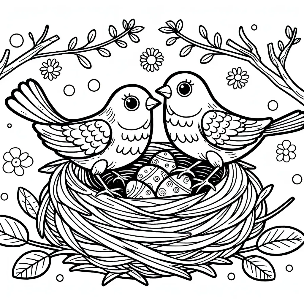 Das Bild zeigt ein einfaches Schwarz-Weiß-Ausmalbild, das sich ideal für Kindergartenkinder eignet. Im Mittelpunkt stehen zwei Vögel, die ein Nest bauen. Die Vögel sind in einem kinderfreundlichen Comic-Stil dargestellt, der einfach und übersichtlich ist.

### Details des Bildes:

1. **Vögel**: 
   - Das Vogelpaar sitzt nebeneinander auf einem Nest.
   - Die Vögel haben typische Merkmale wie einen runden Kopf, große, freundliche Augen, einen kurzen Schnabel und detaillierte Flügel.
   - Die Anatomie der Vögel ist vereinfacht, aber korrekt dargestellt.

2. **Nest**:
   - Das Nest besteht aus vielen ineinander geflochtenen Zweigen, was dem Bild Tiefe verleiht.
   - Im Nest sind einige Eier mit einfachen Mustern, die für Kinder leicht auszumalen sind.

3. **Dekoration**:
   - Um das Hauptmotiv herum gibt es dekorative Elemente wie Äste mit Blättern und stilisierte Blumen.
   - Diese Dekoration verleiht dem Bild eine fröhliche und naturnahe Atmosphäre.

4. **Hintergrund**:
   - Der Hintergrund ist schlicht gehalten, mit einigen Blumen und Blättern, die dem Bild Struktur verleihen, ohne es zu überladen.

Das Bild ist einfach und übersichtlich, ideal für kleine Kinder zum Ausmalen und fördert deren Kreativität und Feinmotorik.