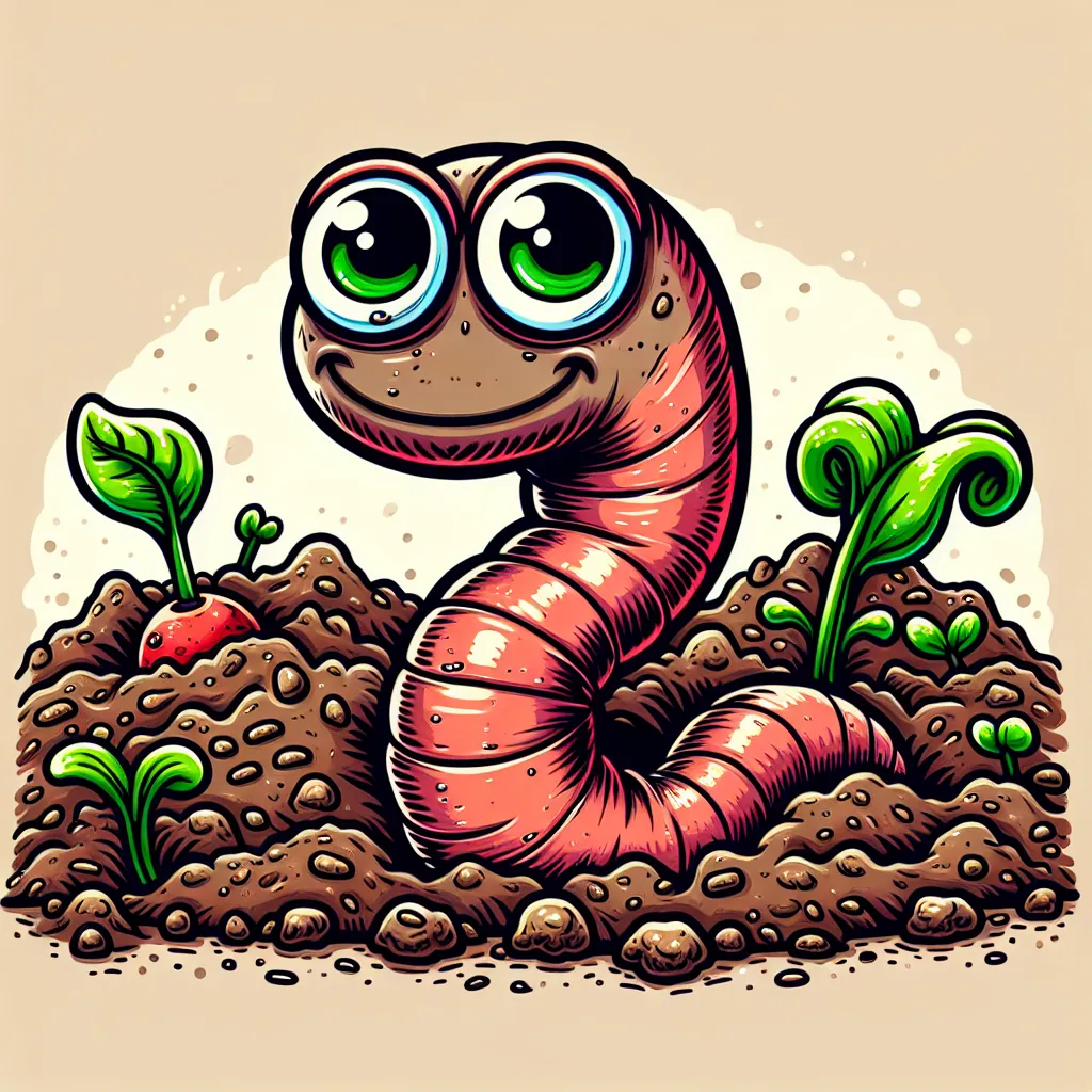 Das Bild zeigt einen Cartoon-ähnlichen Regenwurm, der in der Humusschicht lebt. Der Regenwurm hat große, freundliche Augen und ein lächelndes Gesicht, das kindgerecht, aber nicht zu kindisch wirkt, sodass es auch ältere Kinder anspricht. Der Wurm ist in leuchtenden Tönen gehalten, vor allem in verschiedenen Schattierungen von Rosa und Braun, um realistisch zu erscheinen. Der Körper des Regenwurms ist länglich und zeigt subtile Wölbungen, die an seine natürliche Körperform erinnern.
Im Hintergrund ist eine natürliche Umgebung aus Erde und kleinen Pflanzen zu sehen. Die Erde ist in reichhaltigen, erdigen Brauntönen gehalten, während die Pflanzen in einem lebendigen Grün erscheinen. Diese Elemente sind dezent gehalten, sodass der Fokus klar auf dem Regenwurm liegt. Keine zusätzlichen Texte oder Symbole stören die Darstellung dieses kleinen Bodenbewohners.