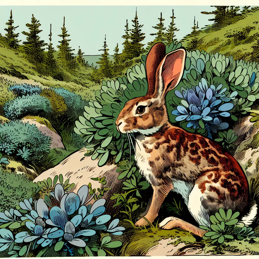 Das Bild zeigt ein Kaninchen in der Strauchschicht eines Waldes, gestaltet im realistischen Cartoon-Stil. Es sitzt aufmerksam inmitten eines dichten Gestrüpps aus Sträuchern und Pflanzen, die in lebendigen Grüntönen gehalten sind. Die großen, ausdrucksstarken Augen und die langen Ohren des Kaninchens verleihen ihm ein niedliches Aussehen, das die Aufmerksamkeit der Kinder auf sich zieht, während es dennoch seine natürlichen Merkmale beibehält.
Die Umgebung ist reich an Details und zeigt verschiedene Pflanzenarten, die in unterschiedlichen Grüntönen und Blautönen eingefärbt sind, was dem Bild Tiefe verleiht. Im Hintergrund sind die Silhouetten hoher Bäume zu sehen, die den Waldrand andeuten und das Bild harmonisch einrahmen.
Das Kaninchen ist der zentrale Fokus des Bildes und füllt fast den gesamten Rahmen aus. Es wirkt lebendig und neugierig, als ob es gerade auf etwas im Unterholz aufmerksam geworden ist. Die Farben des Fells sind warm und naturgetreu, mit feinen Schattierungen, die die Textur betonen.
Diese Komposition schafft eine einladende und lehrreiche Darstellung der Strauchschicht eines Waldes, die ideal für Schüler der sechsten Klasse ist.