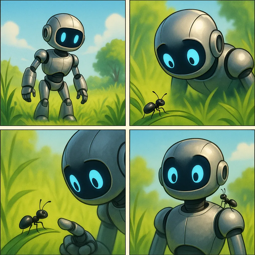 **Titel: Der Roboter und die Ameise**
1. **Hauptfigur:** Die Hauptfigur ist ein kleiner Roboter namens Taro. Er hat glänzende, metallische Haut und leuchtende, blaue Augen. Er kann Gefühle ausdrücken und ist neugierig auf die Welt.
2. **Ort und Zeit:** Die Geschichte spielt an einem sonnigen Tag auf einer grünen Wiese mitten in der Natur. Es ist ruhig, außer dem sanften Rauschen der Blätter im Wind.
3. **Das Problem:** Taro fühlt sich alleine und sucht nach einem Freund. Er hat noch keinen Freund in der neuen Umgebung gefunden.
4. **Taros Gefühle:** Taro fühlt sich zuerst traurig und einsam, als er merkt, dass niemand da ist, mit dem er reden kann.
5. **Was passiert danach:** Taro entdeckt eine Ameise auf einem Grashalm. Neugierig und hoffnungsvoll beugt er sich hinunter, um die Ameise zu beobachten. Er streckt vorsichtig seinen Finger aus, und die Ameise krabbelt mutig darauf.
6. **Wie endet die Geschichte:** Die Ameise sitzt schließlich auf Taros Schulter. Taro lächelt glücklich, und die Ameise sieht zufrieden aus. Sie schauen gemeinsam in die Sonne, und Taro weiß, dass er endlich einen Freund gefunden hat. Der einsame Roboter hat durch eine kleine Geste Freundschaft gefunden.