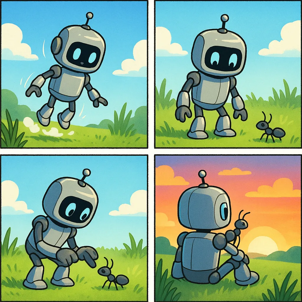 **Titel der Geschichte:** Der Roboter und die Ameise

**Einleitung:**

Wer? Ein Roboter und eine Ameise.  
Wann? Am Nachmittag.  
Was? Der Roboter kommt zur Erde und trifft eine Ameise.  
Wo? Auf einer grünen Wiese unter blauem Himmel.  

**Bild 1:**

Verben: landen, staunen  
Adjektive: neugierig, blau  
Nomen: Roboter, Wiese  

*Beschreibung Bild 1:*  
Der Roboter schwebt vom Himmel herab und landet sanft auf der grünen Wiese. Seine Augen sind groß und neugierig. Er sieht sich staunend um, denn alles ist neu für ihn.

**Bild 2:**

Verben: stehen, schauen  
Adjektive: klein, überrascht  
Nomen: Ameise, Augen  

*Beschreibung Bild 2:*  
Nun steht der Roboter aufrecht und schaut nach unten. Dort ist eine kleine Ameise, die den Roboter ebenfalls überrascht betrachtet. Sie stehen sich gegenüber und mustern sich neugierig.

**Bild 3:**

Verben: knien, berühren  
Adjektive: freundlich, vorsichtig  
Nomen: Finger, Antenne  

*Beschreibung Bild 3:*  
Der Roboter kniet sich nieder und streckt vorsichtig einen Finger aus. Die Ameise hebt ihre Antenne und berührt den Finger des Roboters. Es ist eine freundliche Geste der Begegnung.

**Bild 4:**

Verben: sitzen, beobachten  
Adjektive: bunt, ruhig  
Nomen: Sonnenuntergang, Freundschaft  

*Beschreibung Bild 4:*  
Der Roboter sitzt auf der Wiese, und die Ameise sitzt auf seiner Schulter. Gemeinsam schauen sie sich den bunten Sonnenuntergang an. Beide sind ruhig und glücklich über die neue Freundschaft.

**Zwischen den Bildern:**

- **Zwischen Bild 1 und 2:** Der Roboter erkundet die Umgebung und entdeckt die Ameise. Er ist fasziniert von ihrer Kleinheit und Lebhaftigkeit.
  
- **Zwischen Bild 2 und 3:** Der Roboter überlegt, wie er der Ameise zeigen kann, dass er freundlich ist. Er beschließt, sich zu nähern und die Ameise nicht zu erschrecken.

- **Zwischen Bild 3 und 4:** Der Roboter und die Ameise freuen sich, Freunde geworden zu sein. Sie beginnen zusammen die Schönheit der Natur zu genießen.

**Ende der Geschichte:**

Der Roboter und die Ameise verbringen den Abend damit, gemeinsam den Himmel zu betrachten. Sie wissen, dass sie trotz ihrer Unterschiede Freunde sind. Ab jetzt werden sie viele Abenteuer und schöne Momente teilen.