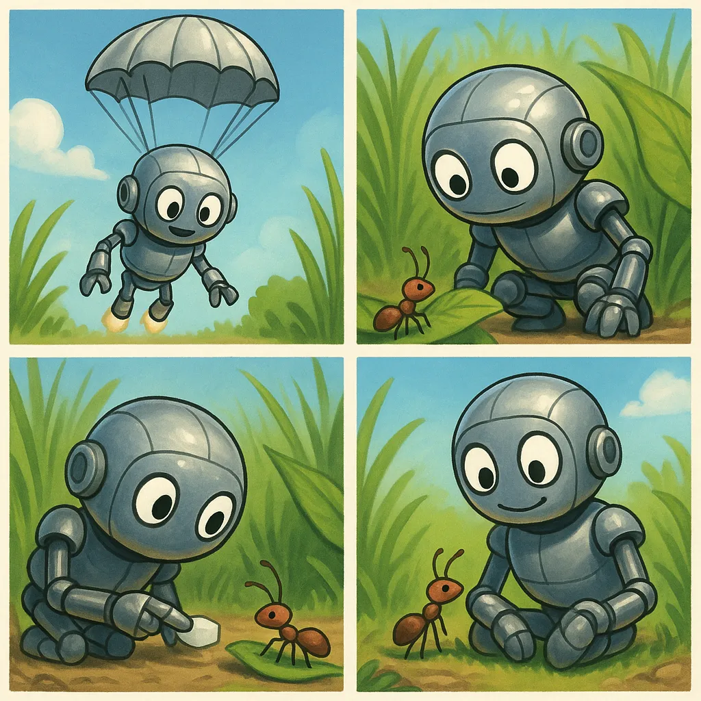 Certainly! Here's a detailed transcription of each panel in the comic strip:

**Panel 1:**
- **Visual:** The scene is bright with a clear blue sky and fluffy white clouds. The Robot is descending from above, attached to a parachute. There's an expression of wonder on its face as it gently lands on a lush, green field surrounded by tall grass. The Robot's metallic body gleams in the sunlight, capturing the atmosphere of a new adventure.

**Panel 2:**
- **Visual:** The focus is now lower to the ground. The Robot is crouched down, peering with wide, curious eyes at a small Ant on a leaf. The Ant is facing the Robot, with its antennae raised inquisitively. Both characters exhibit intrigue, forming the beginning of their encounter.

**Panel 3:**
- **Visual:** The Robot extends a mechanical finger towards the Ant, offering a small, white sugar cube. The Ant gazes up, its antennae stretching towards the offering, suggesting interest in this gesture. The setting is again framed by grassy surroundings, emphasizing the gentle and organic interaction.

**Panel 4:**
- **Visual:** The Robot sits contently on the grass, looking warmly at the Ant, which is now on its knee or hand. The Ant appears comfortable and relaxed, reflecting the newfound friendship. Both characters wear expressions of happiness and comfort as they face the viewer, signifying the successful formation of their bond.

The comic strip effectively conveys the whimsical and heartwarming journey of connection and friendship between the Robot and the Ant through these vivid illustrations.