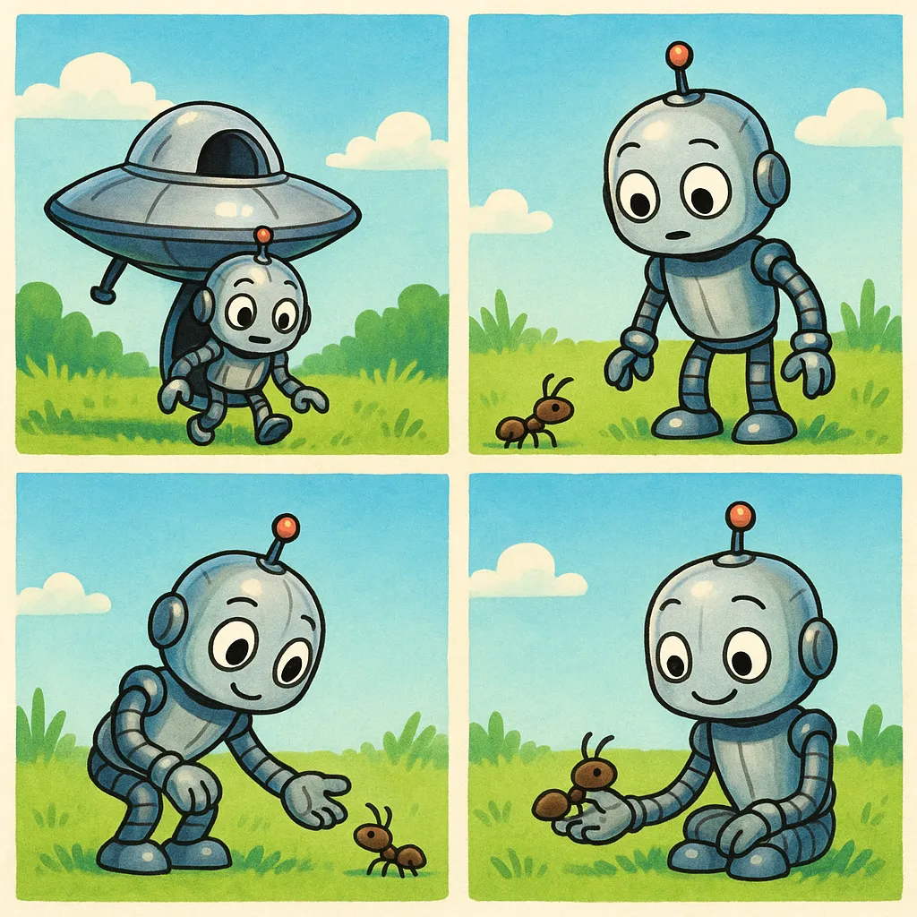 Panel 1:
Beschreibung: Die Szene spielt auf einer grünen Wiese unter einem klaren, blauen Himmel. Ein Roboter steigt aus einem kleinen, futuristischen Raumschiff, das leicht über dem Boden schwebt, herab. Der Roboter hat große, neugierige Augen und sieht sich um. Die Luke des Raumschiffs ist geöffnet. Diese Szene zeigt die Ankunft des Roboters auf der Erde.
Panel 2:
Beschreibung: Die Wiese bleibt der Schauplatz. Der Roboter steht jetzt in der Mitte des Bildes und blickt nach unten. In der Nähe seiner Füße befindet sich eine Ameise, die vorsichtig zu ihm aufsieht. Die Augen des Roboters sind auf die Ameise gerichtet und zeigen Interesse und Neugier. Diese Szene stellt die Begegnung zwischen dem Roboter und der Ameise dar.
Panel 3:
Beschreibung: Der Schauplatz ist weiterhin die Wiese. Der Roboter kniet nieder und streckt der Ameise eine Hand entgegen. Die Ameise ist näher an die Hand des Roboters herangegangen und zeigt eine entspannte und neugierige Haltung. Die Augen des Roboters wirken freundlich, und seine Hand ist offen, die Handfläche nach oben gerichtet, um die Ameise einzuladen. Diese Szene zeigt den Versuch des Roboters, sich mit der Ameise anzufreunden.
Panel 4:
Beschreibung: Die Szene bleibt unverändert. Der Roboter sitzt nun auf dem Gras, und die Ameise befindet sich auf seiner geöffneten Handfläche. Beide Charaktere schauen sich an, der Roboter mit fröhlichem Blick, und die Haltung der Ameise deutet auf Freude hin. Die Antenne des Roboters ist leicht geneigt, was seine freundliche Art unterstreicht. Diese Szene zeigt die erfolgreiche Freundschaft zwischen dem Roboter und der Ameise.