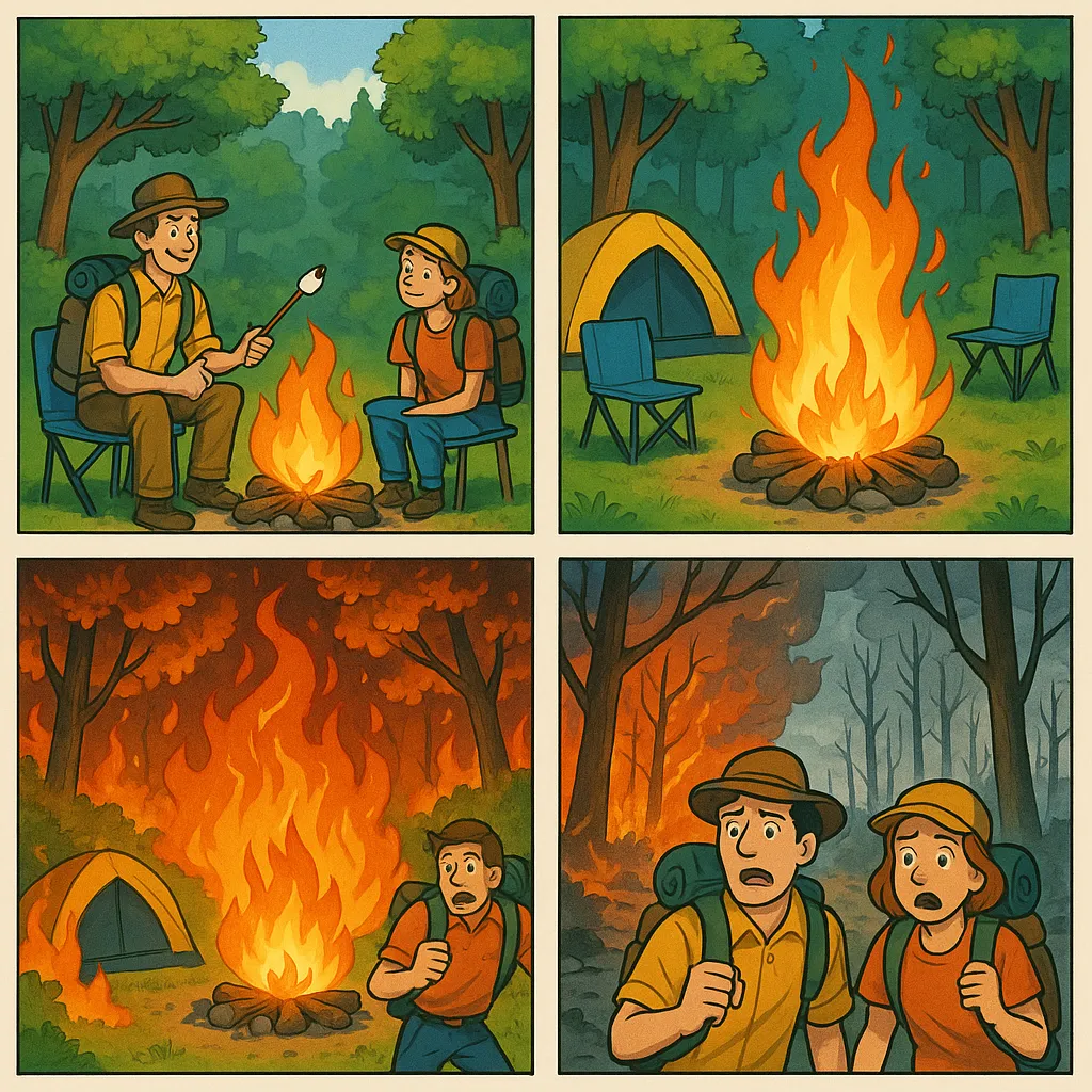 Hier ist der Comic-Strip mit vier Panels:

**Panel 1:**
Beschreibung: Zwei Camper sitzen entspannt um ein sicheres Lagerfeuer. Sie tragen lässige Wanderkleidung und haben Rucksäcke dabei. Beide haben fröhliche, entspannte Ausdrücke, während sie Marshmallows rösten. Die Umgebung besteht aus einem grünen, üppigen Wald mit einem Zelt und Campingstühlen, was eine friedliche Atmosphäre schafft.

**Panel 2:**
Beschreibung: Das Lagerfeuer ist jetzt unbeaufsichtigt und die Flammen wachsen merklich. Die Camper sind nicht zu sehen, und das Feuer ist das zentrale Element dieses Panels. Die leuchtenden Farben unterstreichen die zunehmende Intensität des Feuers. Der Wald wirkt noch ruhig, aber der Fokus liegt auf dem aufkommenden Problem.

**Panel 3:**
Beschreibung: Der Wald steht nun in Flammen, das Feuer breitet sich schnell aus. Die Camper sind im Hintergrund zu sehen, mit schockierten und panischen Ausdrücken, während sie versuchen, zu fliehen. Die intensiven Rot- und Orangetöne des Feuers dominieren das Bild, was die eskalierende Gefahr und das Chaos darstellt.

**Panel 4:**
Beschreibung: Die letzte Szene zeigt einen zerstörten Wald mit verkohlten Bäumen und aufsteigendem Rauch. Die Camper stehen in sicherer Entfernung und blicken mit ernsten Gesichtern auf die Zerstörung zurück. Die Farben sind gedämpft, mit dunklen Tönen, die das Ausmaß der Folgen und die Wichtigkeit von Verantwortung betonen.