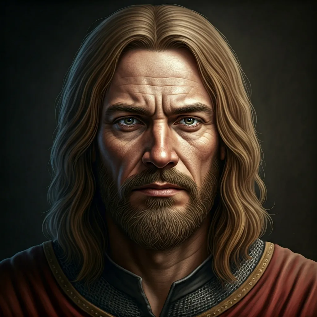 Das Bild zeigt einen mittelalterlichen Ritter, dargestellt als Sir Wilhelm, aus dem 12. Jahrhundert. Er ist ein Mann von eindrucksvoller Statur, mit einer ernsthaften und entschlossenen Ausstrahlung. Sein Gesicht zeigt Spuren von bisherigen Kämpfen und Erfahrungen, die er in seiner Rolle als Verteidiger des Königs und Beschützer der Burg gesammelt hat.
Er trägt lange, gepflegte Haare und einen markanten Vollbart, was in dieser Ära bei Rittern durchaus üblich war. Seine Augen wirken wachsam und reflektieren sowohl Mut als auch Weisheit. Die Kleidung besteht aus einem Kettenhemd, das unter einem edlen, roten Wams sichtbar ist, und weist auf seinen Status als hochangesehener Krieger und Adliger hin.
Sir Wilhelm ist in typischer Weise eines Ritters des Mittelalters gerüstet und symbolisiert durch sein Aussehen Mut, Tapferkeit und den unermüdlichen Einsatz für Ehre und Gerechtigkeit. Sein Gesichtsausdruck ist ernst, was den Anschein erweckt, dass er stets bereit ist, um seine Werte und sein Volk zu kämpfen.