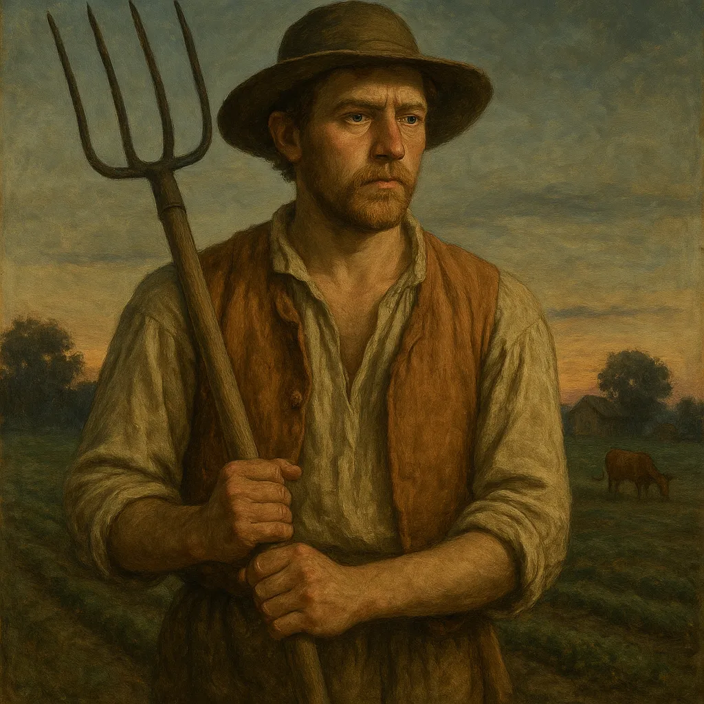 In dem Bild sehen wir einen Mann, der vermutlich Jakob ist, einen Bauern im dritten Stand. Er steht auf einem Feld während der frühen Morgenstunden, bevor die Sonne vollständig aufgegangen ist. Der Himmel zeigt ein frühes Morgenlicht, das einen Hauch von Gold und Blau gleichzeitig widerspiegelt, was das Bild in eine warme und doch kühle Atmosphäre taucht.

Jakob trägt typische bäuerliche Kleidung: ein einfaches Hemd, darüber eine ärmellose Weste und einen breiten Hut, der ihn vor der Sonne schützen soll. Sein Gesicht ist von der Arbeit in der freien Natur geprägt, mit einem entschlossenen Ausdruck und einem leichten Bartschatten, der seine jahrelange harte Arbeit widerspiegelt.

Er hält eine Heugabel, was darauf hindeutet, dass er sich auf seine tägliche Arbeit vorbereitet. Im Hintergrund ist eine weitläufige Landschaft sichtbar, mit weit entfernten Bäumen und Gebäuden, die zu seiner Gemeinschaft gehören könnten. Auf dem Feld ist auch eine Kuh zu sehen, was seine Rolle als Tierhalter unterstreicht.

Das Bild vermittelt ein Gefühl von Ruhe und Alltag, das durch die Präsenz von Jakob und die natürliche Umgebung entsteht. Es zeigt die robuste und essentielle Rolle der Bauern in der Gesellschaft und gibt gleichzeitig Einblick in das einfache, aber bedeutungsvolle Leben eines Mannes, der für seine Gemeinschaft arbeitet.