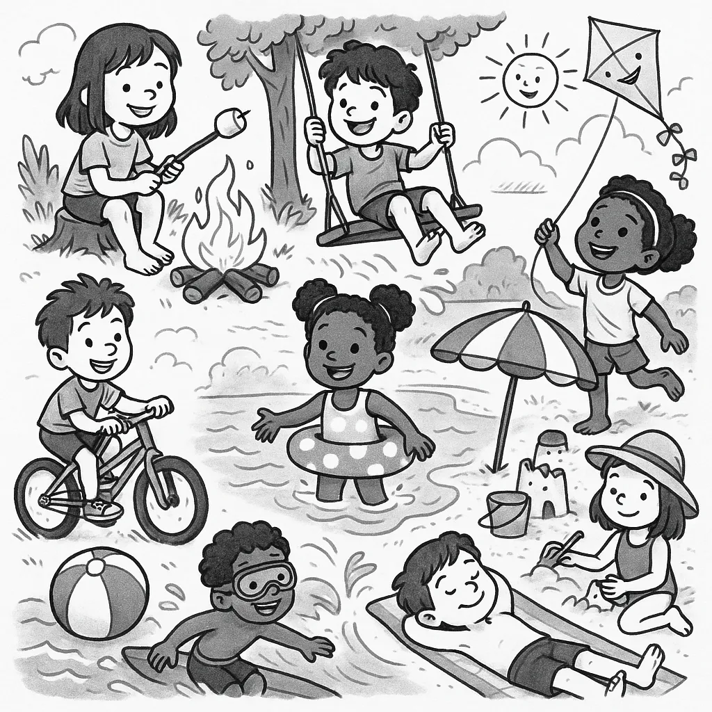 Das Bild zeigt eine lebendige Szene voller Sommerferien-Aktivitäten. Im Vordergrund sitzt ein Kind am Lagerfeuer und röstet Marshmallows, während im Hintergrund ein Kind fröhlich auf einer Schaukel schaukelt. Neben ihnen sieht man ein Kind, das mit einem Fahrrad fährt.

In der Mitte des Bildes steht ein anderes Kind im Wasser mit einem Schwimmring, während in der Nähe ein Kind einen Drachen steigen lässt. Am Strand spielen zwei Kinder: eines baut eine Sandburg unter einem Sonnenschirm, und das andere entspannt sich auf einem Liegestuhl.

Ein weiteres Kind ist im Wasser zu sehen, es trägt eine Taucherbrille und surft auf einem Brett. Über der Szene strahlt eine Sonne mit fröhlichem Gesicht, und verschiedene Pflanzen und Bäume rahmen die Aktivitäten ein. Die Kinder stammen aus verschiedenen Kulturen, was die Vielfalt der Szene unterstreicht. Das schwarz-weiße, detaillierte Cartoon-Design verstärkt die spielerische und einladende Atmosphäre des Bildes.