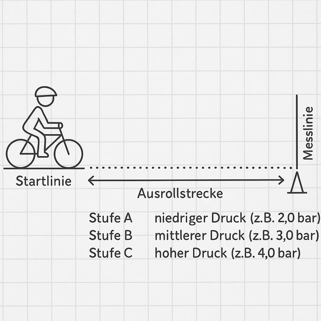 ![Schülerversuch Aufbau Skizze: Ausrollversuch mit Startlinie, Ausrollstrecke, Messlinie, 3 Reifendruck-Stufen](attachment:image.png)