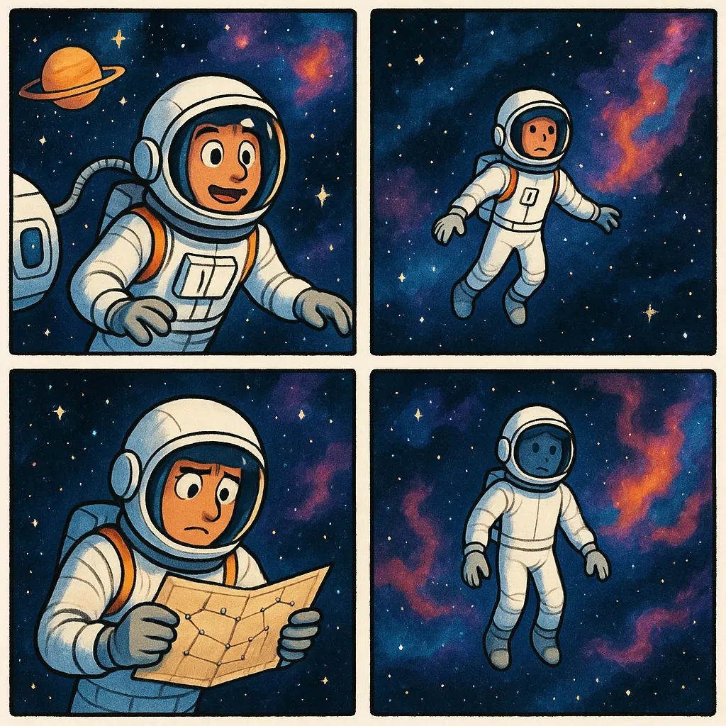 Dieses Comicstrip besteht aus vier Panels, die in einem 2x2 Raster angeordnet sind und eine kleine Geschichte eines Astronauten erzählen, der im Weltraum verloren geht.

**Panel 1 (oben links):**
Der Astronaut befindet sich an einem Raumschiff, das mit einer Leine an seinem Anzug befestigt ist. Sein Gesichtsausdruck ist voller Aufregung und Staunen, als er die Weiten des Alls betrachtet. Im Hintergrund sind ein orangefarbener Saturn-ähnlicher Planet, viele funkelnde Sterne und farbenfrohe, leuchtende Nebel zu sehen. Die Atmosphäre wirkt lebendig und faszinierend.

**Panel 2 (oben rechts):**
Hier ist der Astronaut nun von seinem Raumschiff losgelöst und schwebt alleine in einer einsamen Gegend des Weltalls. Im Hintergrund dominieren erneut bunte Nebel und Sterne, aber der Astronaut wirkt nun verunsichert und seine Körperhaltung zeigt Verwirrung und leichte Angst. Die Isolation und das Gefühl des Verlorenseins kommen deutlich zum Ausdruck.

**Panel 3 (unten links):**
Der Fokus liegt auf dem Astronauten, der konzentriert eine Sternenkarte in beiden Händen hält. Sein Blick ist ernst und entschlossen, während er versucht, sich mithilfe der Karte zu orientieren, um einen Weg zurück zu finden. Der Hintergrund bleibt kosmisch und farbenprächtig, aber der Astronaut und die Karte sind klar im Vordergrund.

**Panel 4 (unten rechts):**
Der Astronaut schwebt weiterhin allein im Weltall, weit entfernt von jeder Orientierungsmöglichkeit. Seine Körperhaltung ist entspannt und leicht resigniert, die Arme hängen locker herunter. Das Gesicht im Visier drückt Akzeptanz und ein wenig Traurigkeit aus. Der Hintergrund ist erneut spektakulär mit leuchtenden Nebeln und funkelnden Sternen – ein Symbol für die Schönheit und die Herausforderungen der Weltraumforschung und das Ungewisse.

Insgesamt wird mit kräftigen, bunten Farben die Faszination des Kosmos eingefangen, während die wechselnden Emotionen des Astronauten (Begeisterung, Verwirrung, Entschlossenheit, Akzeptanz) die Geschichte ganz ohne Worte erzählen. Die Comicreihe eignet sich hervorragend, um auf kreative Weise die Schwierigkeiten und Gefühle bei der Erkundung des Weltalls darzustellen.