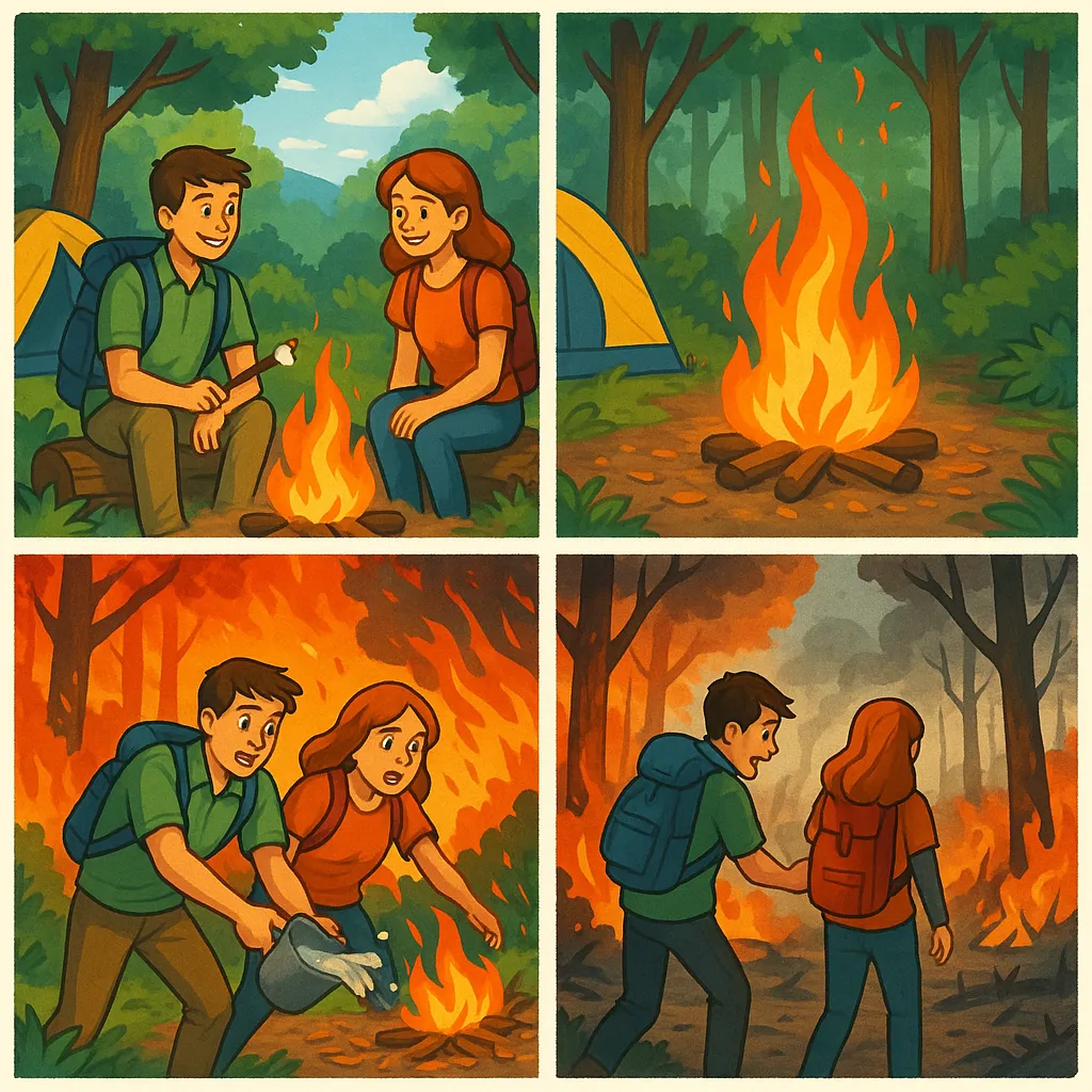 Das Bild zeigt einen vierteiligen Comic-Strip, der ohne Worte die dramatische Entstehung und Folgen eines Waldbrandes durch menschliches Fehlverhalten illustriert. Hier ist eine detaillierte Beschreibung jeder der vier Panels:

**Panel 1 (oben links):**  
Die Szene ist ein idyllischer, grüner Wald mit sonnigem Himmel. Zwei junge Erwachsene, ein Mann und eine Frau, sitzen entspannt am Lagerfeuer. Sie sind als Camper mit Rucksäcken und Outdoor-Kleidung zu erkennen. Der Mann röstet einen Marshmallow über dem Feuer. Beide lächeln, die Atmosphäre wirkt unbeschwert und friedlich. Im Hintergrund sieht man Zelte und weitere Campingausrüstung. Die Farben sind satt und lebendig, was die natürliche Schönheit des Ortes betont.

**Panel 2 (oben rechts):**  
Jetzt ist das Lagerfeuer der Mittelpunkt, der Fokus liegt auf den lodernden Flammen. Die beiden Camper sind nicht mehr im Bild – sie haben das Feuer unbeaufsichtigt zurückgelassen. Das Feuer brennt kräftiger, Flammenzungen schlagen höher, und einzelne Funken bzw. Glutpartikel steigen in die Luft und fallen auf das trockene Laub am Waldboden. Die Szene wirkt angespannt, weil sich ein Problem anbahnt: Es ist ersichtlich, dass das Feuer jetzt außer Kontrolle geraten könnte.

**Panel 3 (unten links):**  
Das Bild ist jetzt chaotisch. Das Feuer hat auf den Wald übergegriffen und breitet sich schnell aus. Die beiden Camper sind zurückgeeilt und wirken panisch. Der Mann versucht hektisch, mit einem kleinen Eimer Wasser die Flammen zu löschen – offensichtlich eine völlig unzureichende Maßnahme angesichts der Größe des Feuers. Die Frau steht daneben und wirkt verzweifelt. Die Farben sind nun von leuchtendem Orange und dunklem Rauch dominiert, was die Dramatik und den Notstand betont.

**Panel 4 (unten rechts):**  
Die Stimmung ist nun düster und ernst. Die beiden Camper stehen mit gesenkten Schultern und dem Rücken zum Betrachter vor den Überresten des abgebrannten Waldes. Der Boden ist mit Asche bedeckt, die Bäume sind verkohlt und es liegt Rauch in der Luft. Die beiden schauen auf die zerstörte Landschaft, offensichtlich bedrückt und voller Reue über das, was geschehen ist. Alle Farben sind jetzt matt und grau, was die Trostlosigkeit der Situation unterstreicht.

Der Comic bringt anschaulich und ohne Worte die Botschaft rüber, wie leichtsinniges Verhalten in der Natur schwere Folgen haben kann und unterstreicht die Wichtigkeit von Umweltverantwortung.