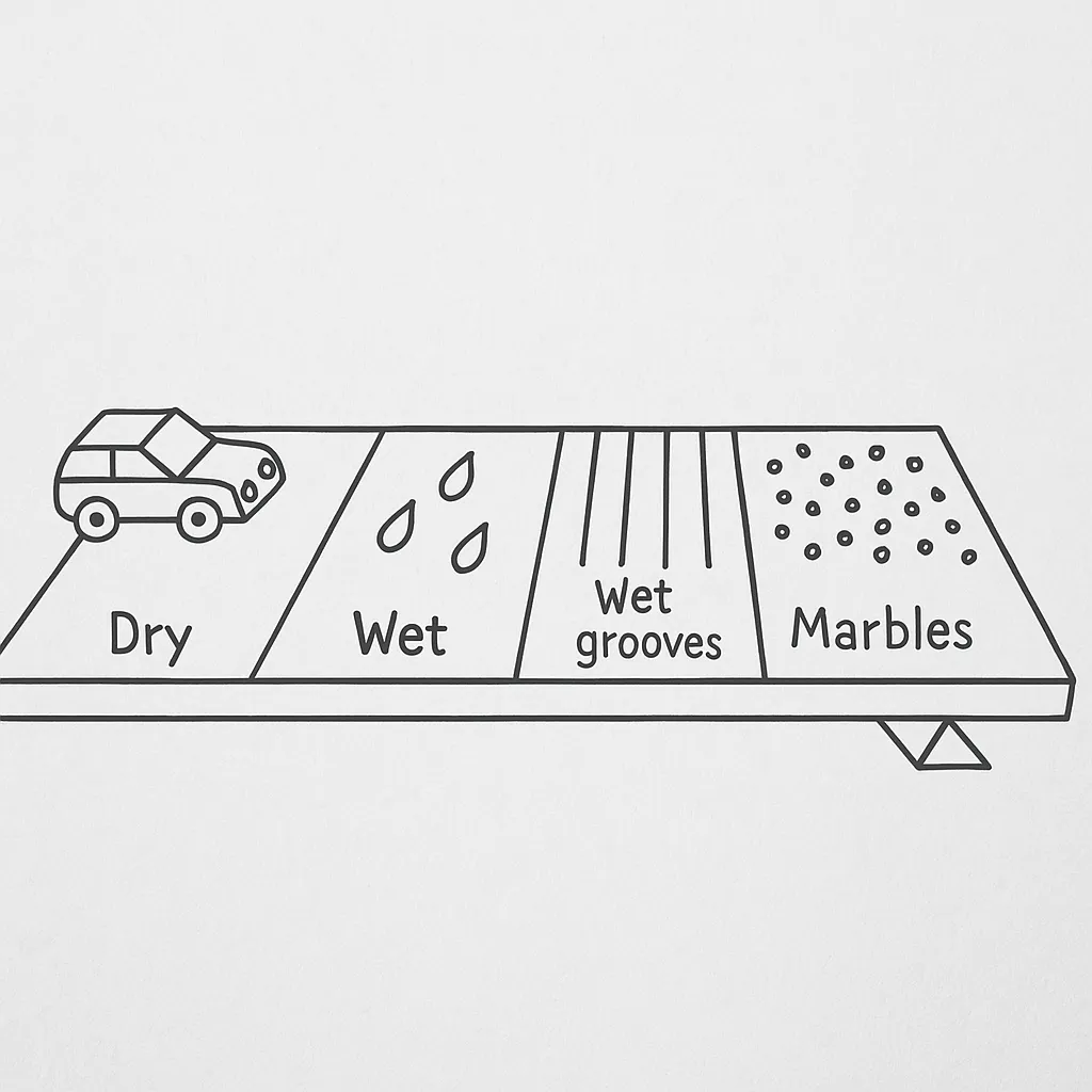 ![Eine einfache Skizze des Versuchsaufbaus: Ein Brett liegt schräg, darauf sind vier verschiedene Abschnitte markiert, ein Spielzeugauto steht am Anfang. Die Abschnitte sind mit Symbolen für trocken, nass, Rillen und Marbles dargestellt.](attachment://image.png)